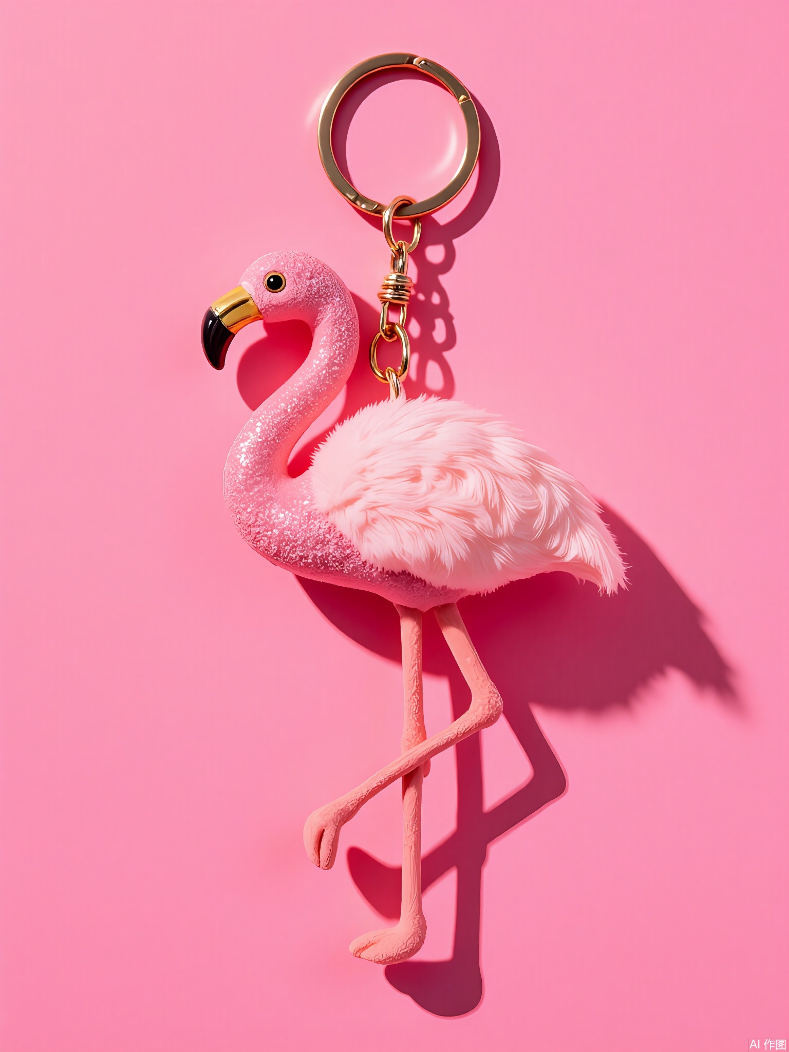 WOGJ,
Snapshot of a glittery pink flamingo keychain with a curved neck, feather-textured fabric, and a golden beak. Its legs dangle playfully, and the hot-pink background amplifies its vibrant, tropical style.
