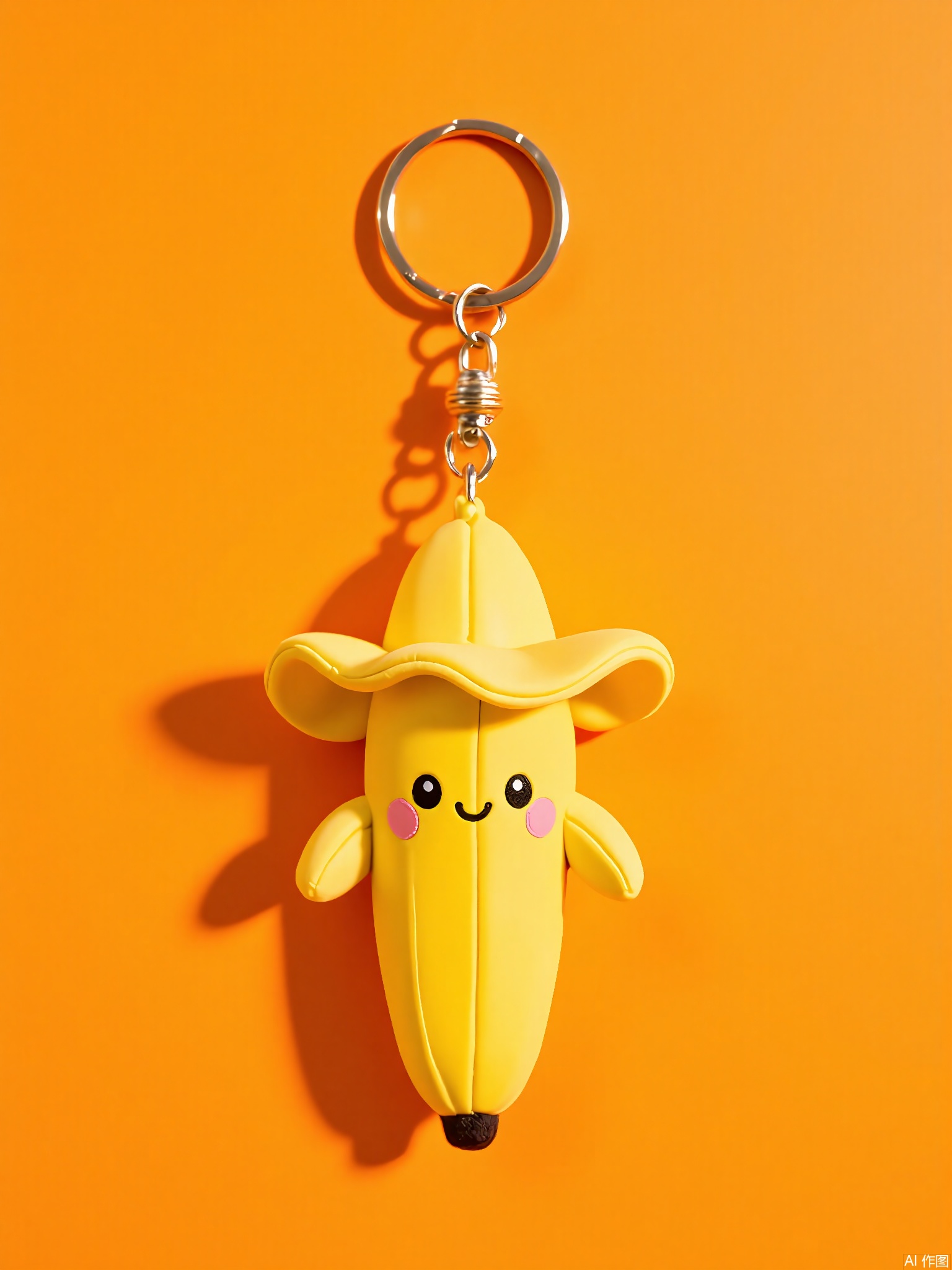 WOGJ,
Picture of a smiling yellow banana keychain with a peel-shaped charm, embroidered details, and a playful wink. The banana dangles from a golden hoop against a tangerine-orange background, radiating fun energy.
