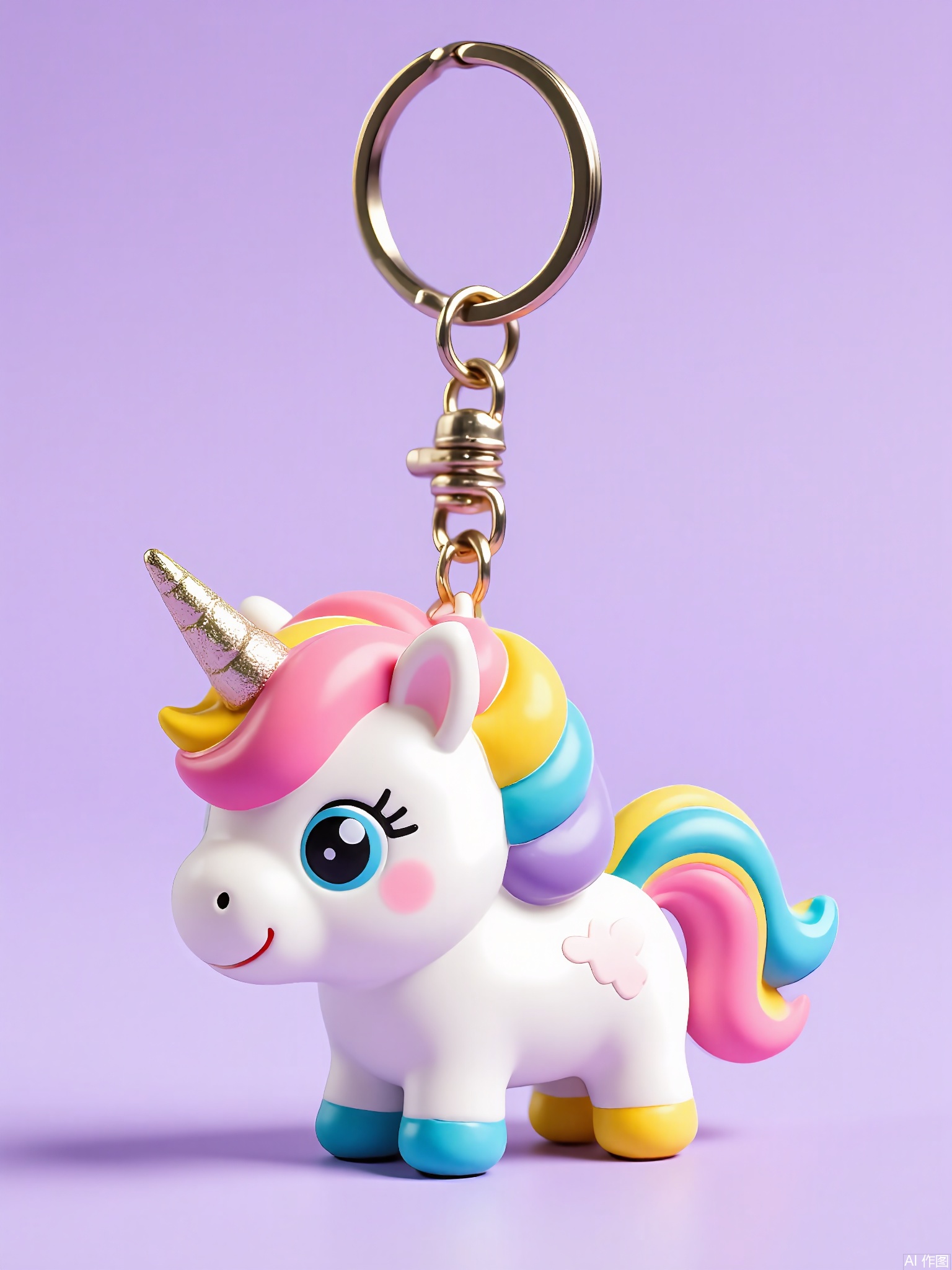 WOGJ,
Close-up of a rainbow-colored unicorn keychain with a sparkly horn, iridescent mane, and a dreamy expression. Its pastel-purple background complements its magical, whimsical aesthetic.
