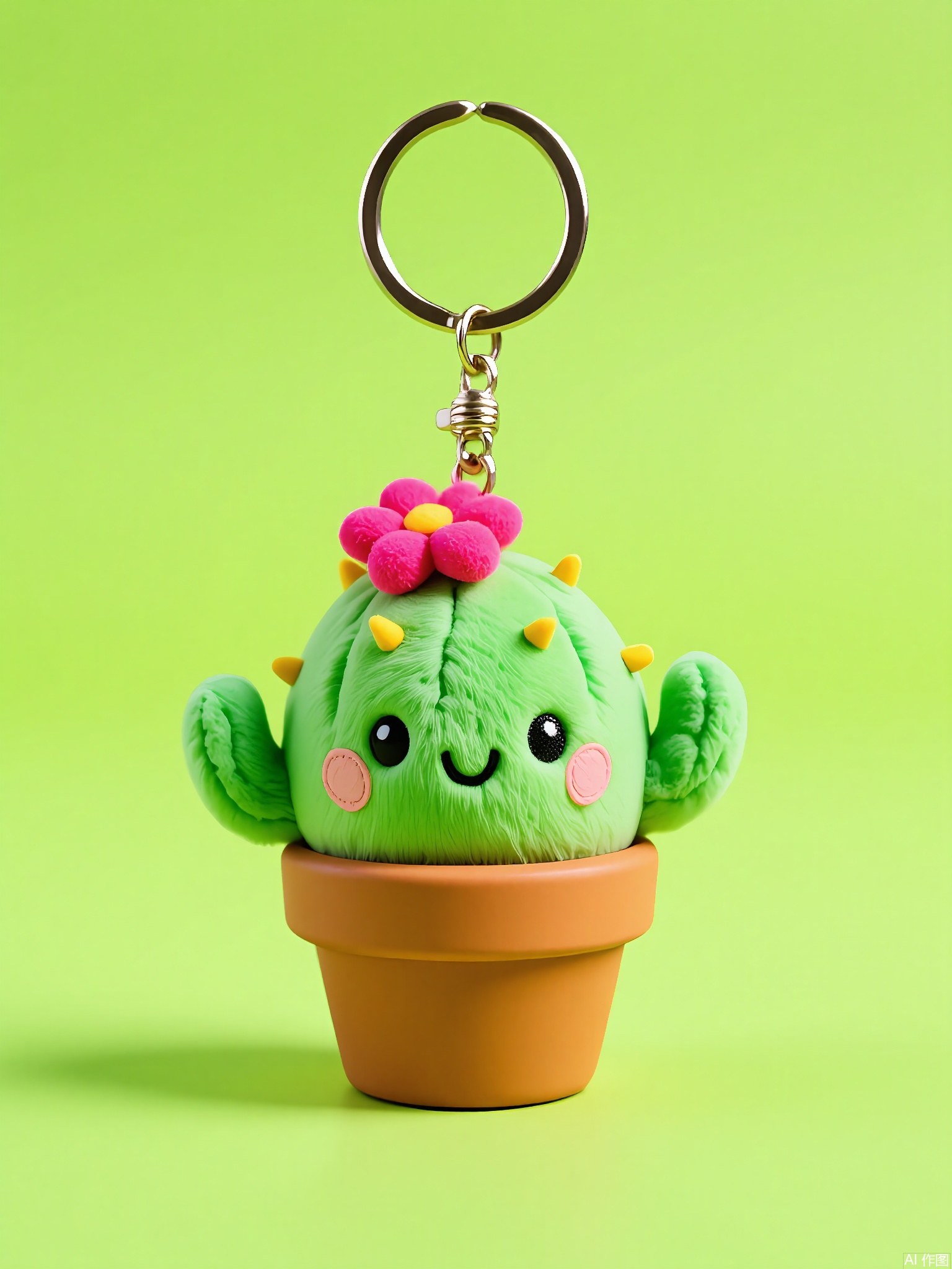 WOGJ,
Photo of a miniature cactus plush keychain with a smiling face, felt spines, and a tiny pink flower on its head. The cactus is attached to a round silver ring, and the lime-green background gives it a lively, desert-inspired look.
