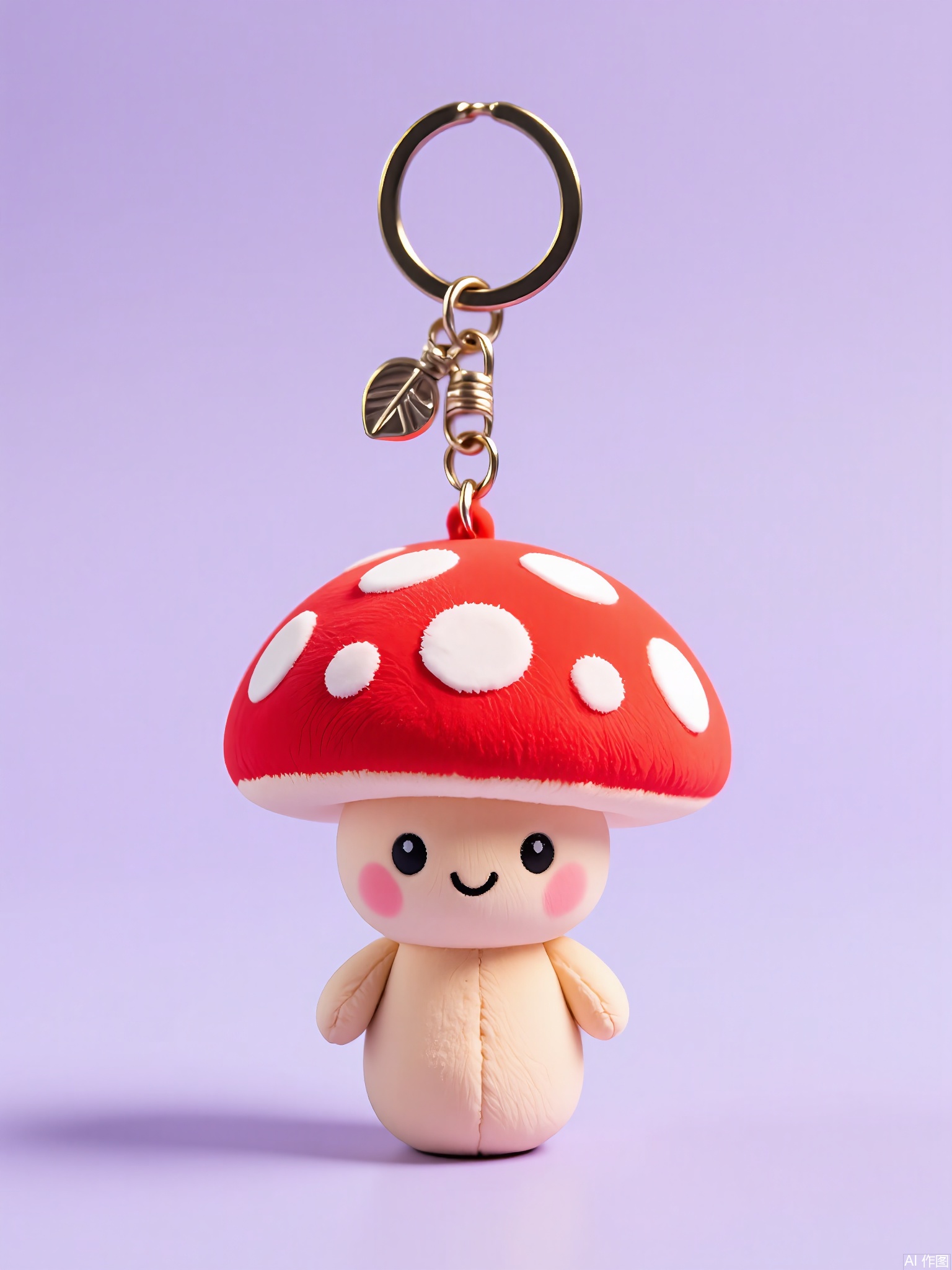 WOGJ,
Snapshot of a polka-dot mushroom keychain with a red cap, white spots, and a friendly face. Its stem is textured like fabric, and it hangs from a leaf-shaped clasp. The lavender background adds a fairy-tale touch.
