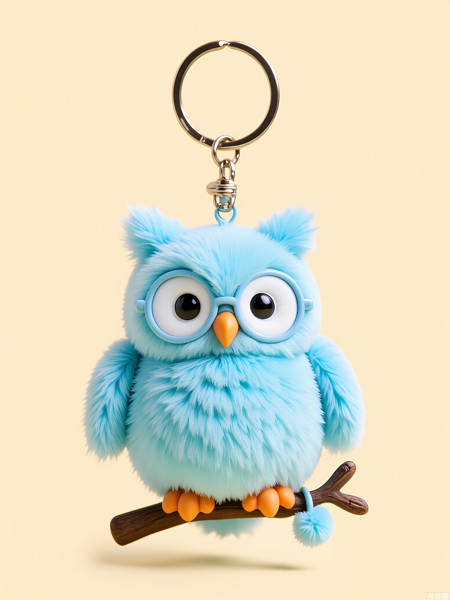 WOGJ,
Image of a pastel-blue owl keychain with fluffy feathers, big round glasses, and a wise expression. The owl perches on a tiny branch charm, with a cream-colored background emphasizing its cozy, bookish vibe.
