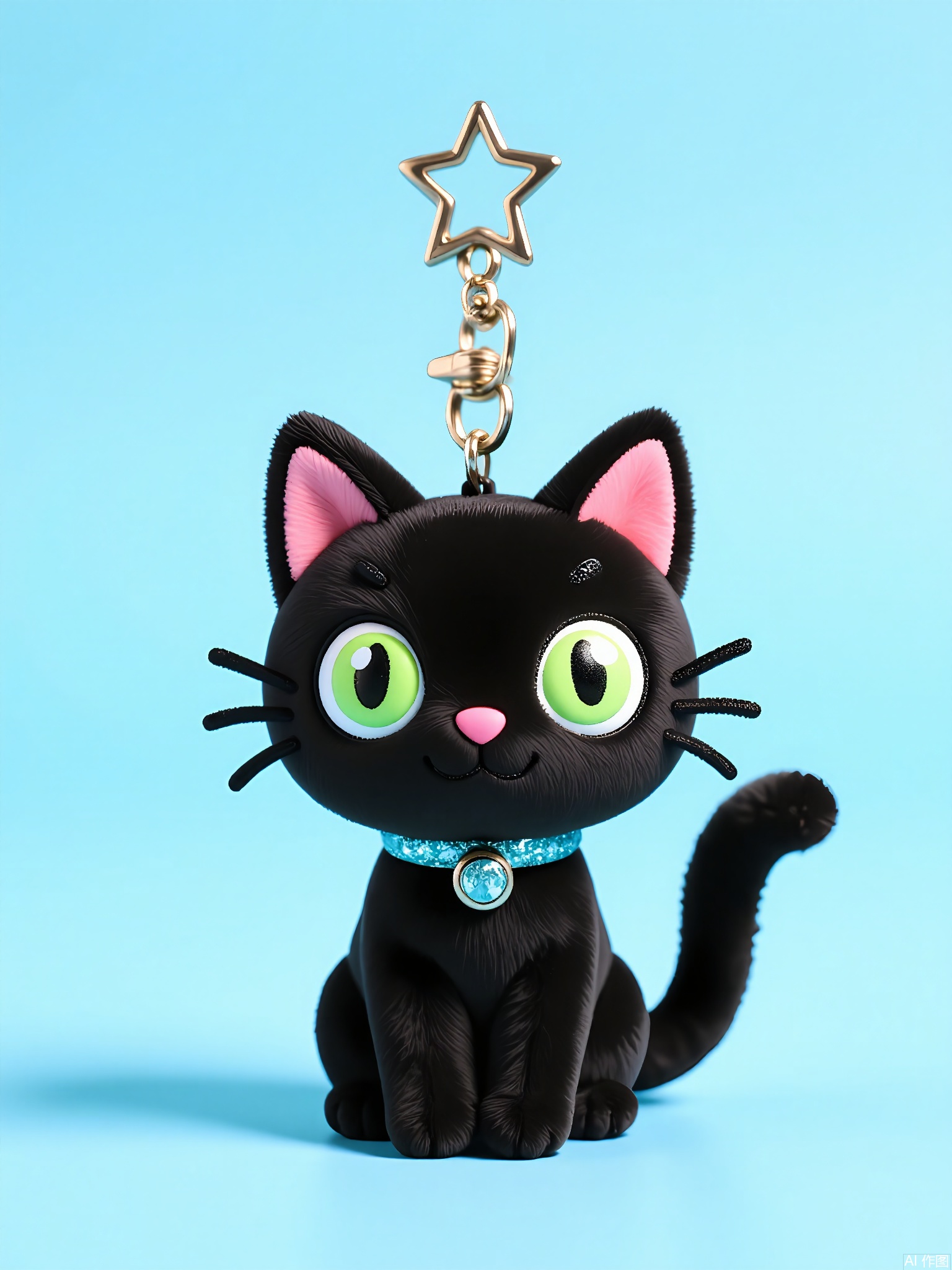 WOGJ,
Image of a glossy black cat keychain with embroidered whiskers, green sequin eyes, and a glittery collar. Its tail curls upward, and it hangs from a star-shaped keyring. A baby-blue background accentuates its sleek, modern design.
