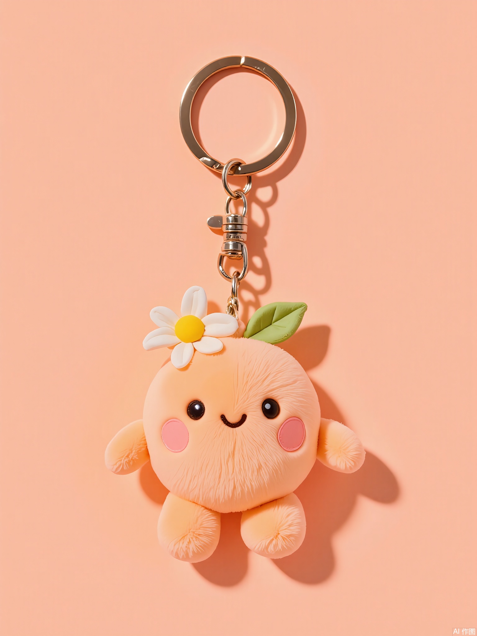WOGJ,
Picture of a fuzzy peach-colored peach keychain with a leafy stem, embroidered details, and a blushing cheek. It hangs from a daisy-shaped clasp against a soft-coral background, exuding sweetness.
