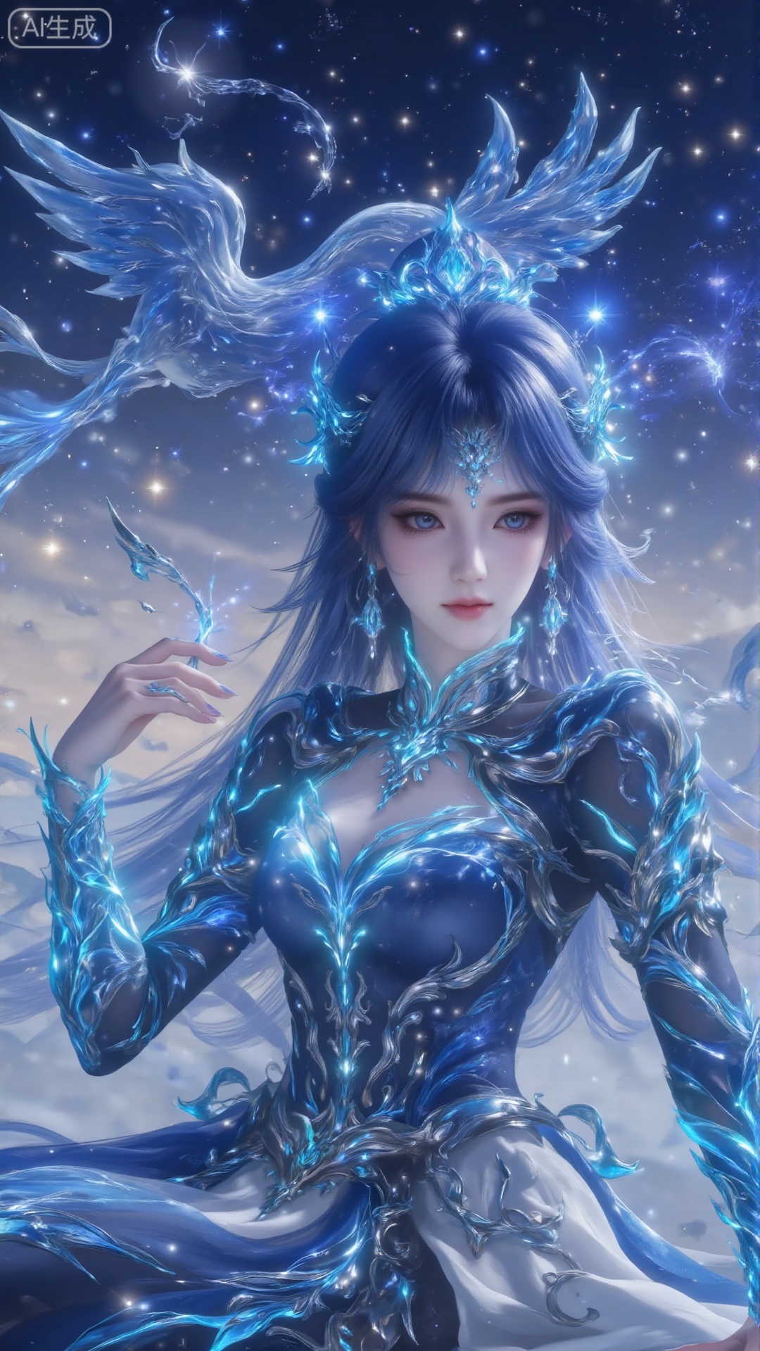 191 flat coloring. This image prompt depicts an animated woman with bright colors, detailed background and long blue hair. She wears exquisite hair accessories, including headdress. Using the double exposure effect, you can see the beautiful rose sea, starry sky and stars in the sky through her silhouette. In addition, a glowing phoenix is depicted in the sky. The characters and the background blend together to create a fantastic aesthetic feeling. The overall style combines realism, 3D rendering, magical realism, surrealism and bright colors, blurring the boundaries between reality and fantasy.The overall color is blue.1 girl, solo, long hair, watching the audience, blue eyes, high pants, dress, medium blue hair, boots, clothes hollowed out, glowing, boots, long sleeves.be seated,Close-up of upper body