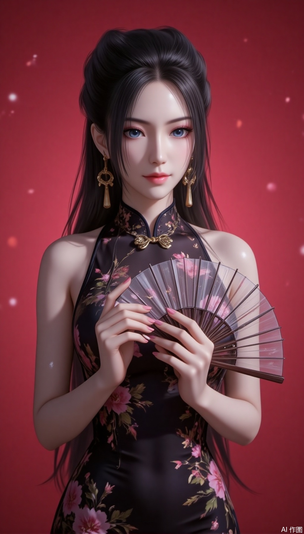 baoshi,lvjing,yanlingji,black hair,long hair,blue eyes,solo,jewelry,earrings,large breasts,
1girl,dress,hand fan,holding,solo,earrings,jewelry,chinese clothes,china dress,black dress,holding fan,floral print,blurry,sleeveless,looking at viewer,sleeveless dress,red background,folding fan,standing,head tilt,2,cover,simple background,gradient background,close-up details,outstanding style,adding a touch of dimension to your images without compromising details,close_up