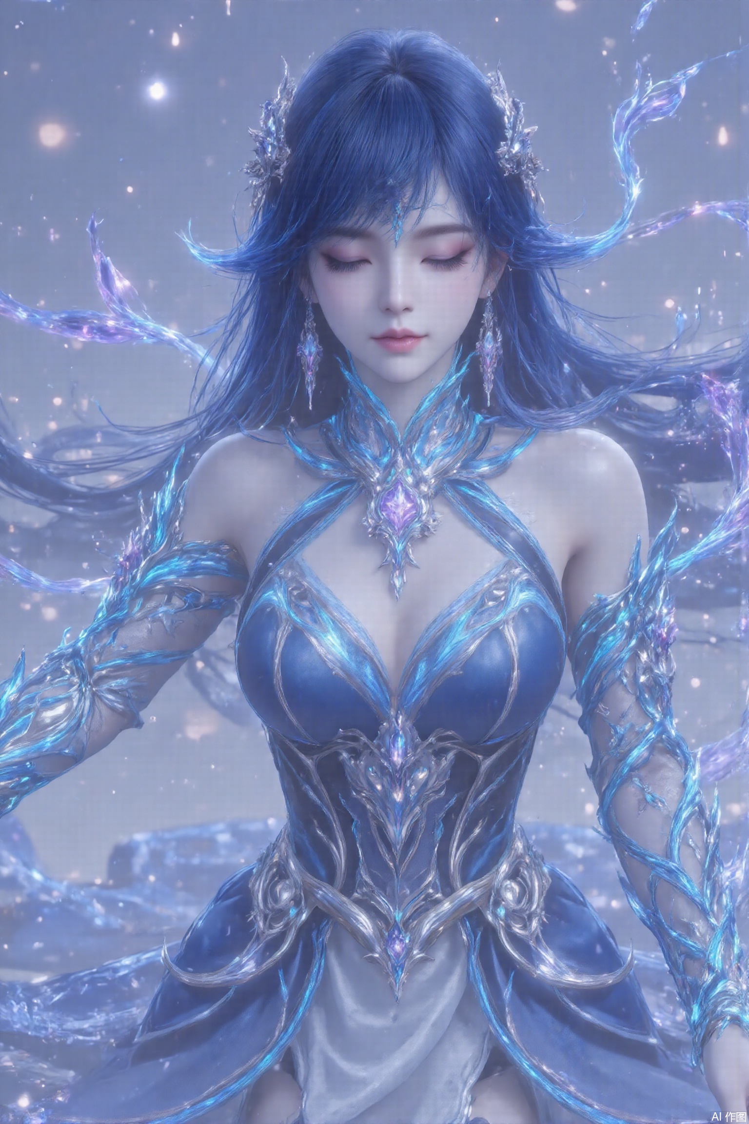 1 girl, Upper body, black hair,solo, blue hair, closed eyes, lying down, pillow, sleeping,A light blue off-shoulder top with an irregular dust-drifting shape with silver thread outlined edges. There is a transparent tulle connection on the shoulders, and the tulle is embroidered with a small dust particle pattern, revealing the skin loomingly. The main fabric of the top is made of shiny silk, with mysterious dust runes embroidered with blue and purple silk threads, symbolizing the dusty power obtained by Sisi. It is paired with a multi-layered blue gradient skirt, which changes from light blue to dark blue, like the different colors of dust appearing in the light. The hem of the skirt is irregularly jagged, like the edge of dust blown by the wind. The outer layer of the skirt is a thin layer of gauze, spreading silver sequins, which simulate the effect of dust flashing. The inner layer is soft silk, which is comfortable to wear. A silver belt is tied around her waist, and blue gems are inlaid on the belt, which echoes the top. The original long blue hair becomes thicker and smoother, and the ends are slightly curled, as if it is stained with a mysterious color by dust. The hair is worn with a silver crown, which is inlaid with blue and purple gems, forming a dust swirl. Two blue ribbons were hanging from both sides of the hair crown, with silver dusty patterns embroidered on the ribbons. They fluttered as the hair swung, and the skin became whiter and brighter, as if covered by a faint layer of dust. The eyes were deep blue, and there was a purple light flashing in the eyes, like the mysterious power surging in the dust. The eye makeup uses blue and purple eyeshadows to outline the deep eye sockets, making the eyes more charming. The lips were painted in a lilac color, and the slightly raised corners of the mouth were filled with a mysterious smile. There is a silver dust mark on the middle of the eyebrows, which is a symbol of dusty power. A pair of blue high heels, the heel is made of transparent crystal material, and there are flowing silver dust particles inside, as if sealing the power of dust in it. The upper is made of blue leather and is set with blue and silver gemstones to form the pattern of dust flowers. There is a purple gem at the tip of the shoe, shining with a mysterious light. There is a silver ribbon on the ankle, tied into a bow, adding to the exquisiteness of the shoes