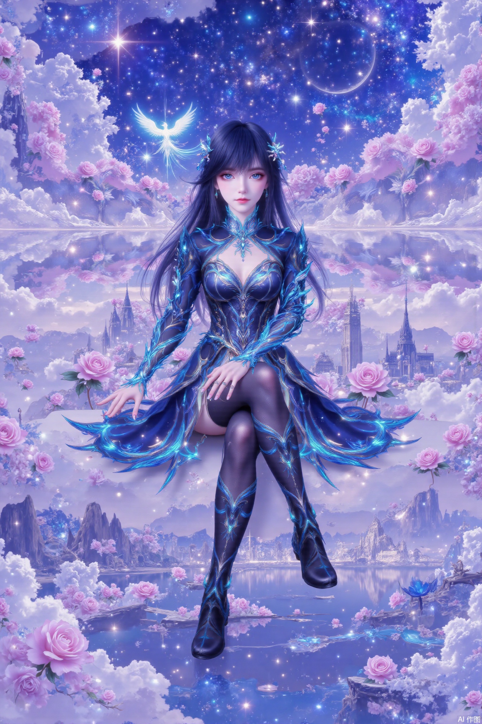 191 flat coloring. This image prompt depicts an animated woman with bright colors, detailed background and long black hair. She wears exquisite hair accessories. Using the double exposure effect, you can see the beautiful rose sea, starry sky and stars in the sky through her silhouette. In addition, a glowing phoenix is depicted in the sky. The characters and the background blend together to create a fantastic aesthetic feeling. The overall style combines realism, 3D rendering, magical realism, surrealism and bright colors, blurring the boundaries between reality and fantasy.The overall color is blue.1 girl, solo, long hair, watching the audience, blue eyes, high pants, dress, medium blue hair, boots, clothes hollowed out, glowing, boots, long sleeves.be seated,The overall color is blue.