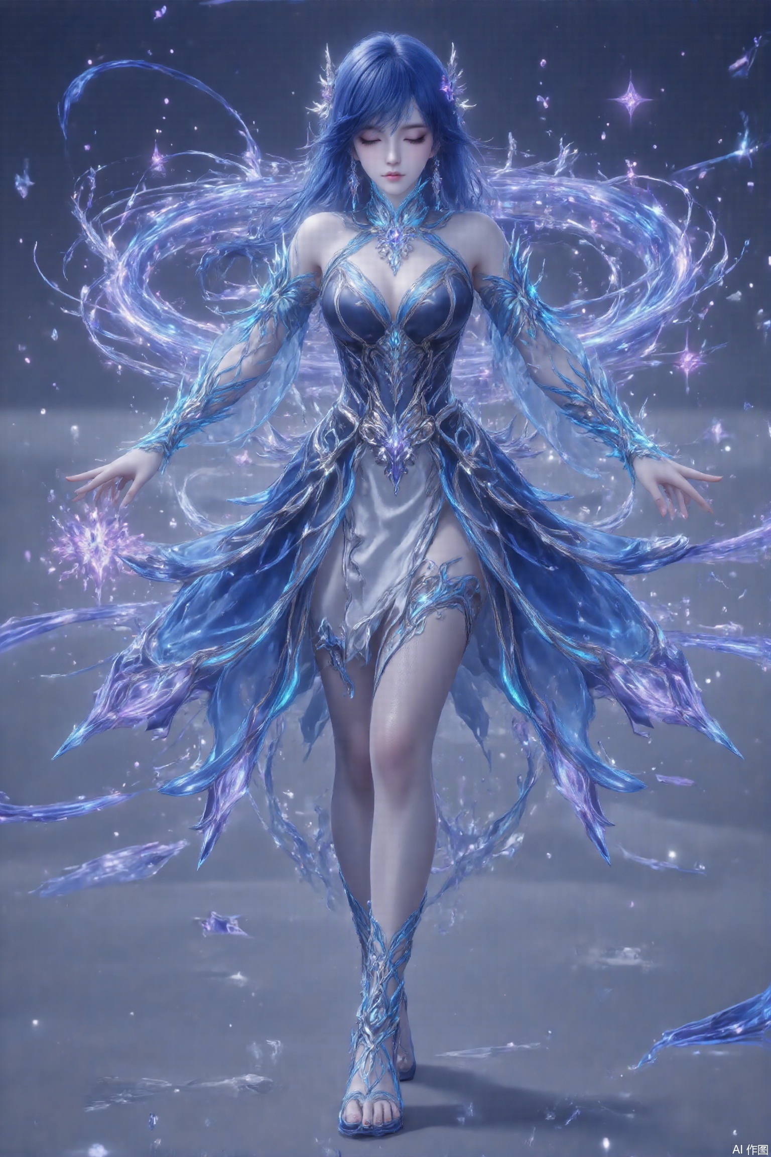 1 girl, solo, blue hair, closed eyes, lying down, pillow, sleeping,A light blue off-shoulder top with an irregular dust-drifting shape with silver thread outlined edges. There is a transparent tulle connection on the shoulders, and the tulle is embroidered with a small dust particle pattern, revealing the skin loomingly. The main fabric of the top is made of shiny silk, with mysterious dust runes embroidered with blue and purple silk threads, symbolizing the dusty power obtained by Sisi. It is paired with a multi-layered blue gradient skirt, which changes from light blue to dark blue, like the different colors of dust appearing in the light. The hem of the skirt is irregularly jagged, like the edge of dust blown by the wind. The outer layer of the skirt is a thin layer of gauze, spreading silver sequins, which simulate the effect of dust flashing. The inner layer is soft silk, which is comfortable to wear. A silver belt is tied around her waist, and blue gems are inlaid on the belt, which echoes the top. The original long blue hair becomes thicker and smoother, and the ends are slightly curled, as if it is stained with a mysterious color by dust. The hair is worn with a silver crown, which is inlaid with blue and purple gems, forming a dust swirl. Two blue ribbons were hanging from both sides of the hair crown, with silver dusty patterns embroidered on the ribbons. They fluttered as the hair swung, and the skin became whiter and brighter, as if covered by a faint layer of dust. The eyes were deep blue, and there was a purple light flashing in the eyes, like the mysterious power surging in the dust. The eye makeup uses blue and purple eyeshadows to outline the deep eye sockets, making the eyes more charming. The lips were painted in a lilac color, and the slightly raised corners of the mouth were filled with a mysterious smile. There is a silver dust mark on the middle of the eyebrows, which is a symbol of dusty power. A pair of blue high heels, the heel is made of transparent crystal material, and there are flowing silver dust particles inside, as if sealing the power of dust in it. The upper is made of blue leather and is set with blue and silver gemstones to form the pattern of dust flowers. There is a purple gem at the tip of the shoe, shining with a mysterious light. There is a silver ribbon on the ankle, tied into a bow, adding to the exquisiteness of the shoes