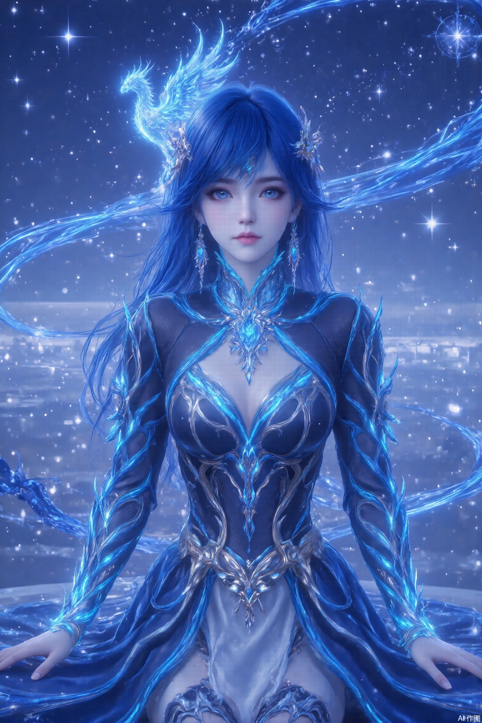 191 flat coloring. This image prompt depicts an animated woman with bright colors, detailed background and long blue hair. She wears exquisite hair accessories, including headdress. Using the double exposure effect, you can see the beautiful rose sea, starry sky and stars in the sky through her silhouette. In addition, a glowing phoenix is depicted in the sky. The characters and the background blend together to create a fantastic aesthetic feeling. The overall style combines realism, 3D rendering, magical realism, surrealism and bright colors, blurring the boundaries between reality and fantasy. The overall color is blue. 1 girl, solo, long hair, audience watching, blue eyes, dress, medium blue hair, hollow clothes, glowing, long sleeves. Sit down and close up your upper body.