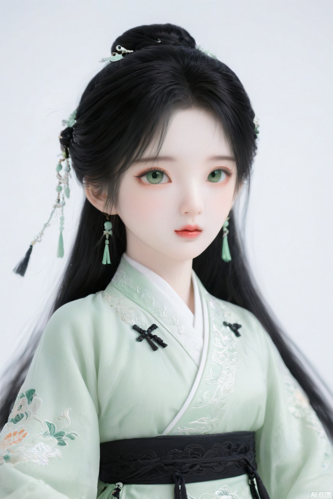 1girl,full body,hanfu, ming style outfits, Light green short coat, overlapping collar, black mamian skirt,,beautiful detailed eyes,(((full body))),(duobaca),(((Pure white background))),Black Hair,standing,look at viewer,arms at sides,