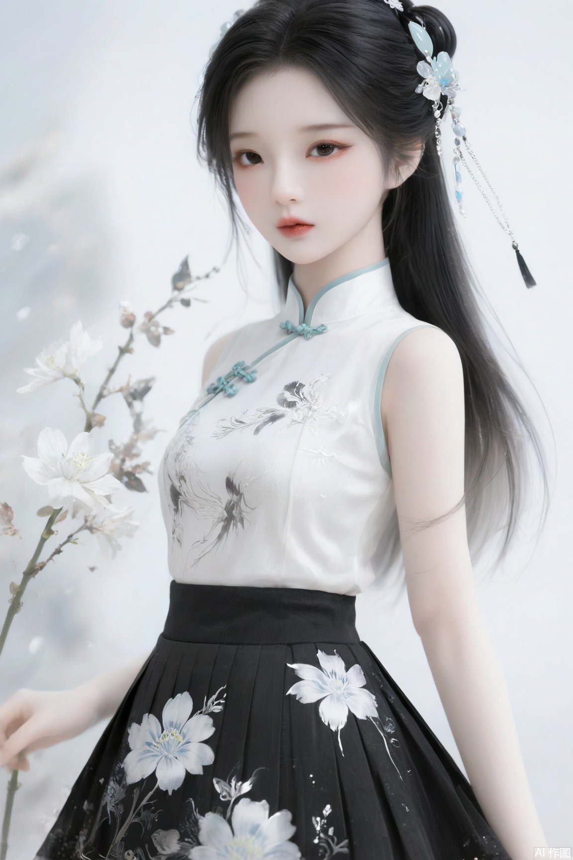  Chinese painting,Ethereal beauty, ink wash painting, ink splashes,Gongbi,Delicate brushwork,Zen simplicity, high quality, masterpiece, ultra-high resolution, incredible composition, extremely detailed, crazy details, a girl, demon wings **** of flowers, luminous horns, beautiful face, perfect female body, (skirt **** up of flowers:1.5), translucent body, pet luminous, gradient, contour light, light particles, award winning art, Flat fashion,bjd