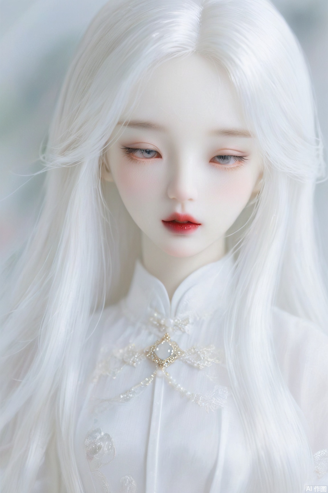 A girl with long white hair floating over her face, white one-inch shirt, lipstick, exquisite facial details, increased details, enhanced clarity, optical fiber transparent material style, abstract design, ethereal phantom, lifelike,bjd