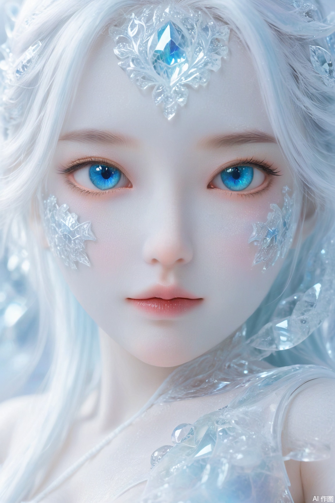 Masterpiece, high quality, 1girl, extreme detailed, (fractal art:1.3), (colorful colors), highest detailed, (******ese idol), sexy, (glowing ice in eyes:1.2), huge breasts, (a girl made of ice:1.6), (ice surrounds her), translucent luminous body, 8k, (upper thighs shot:1.2), front view,