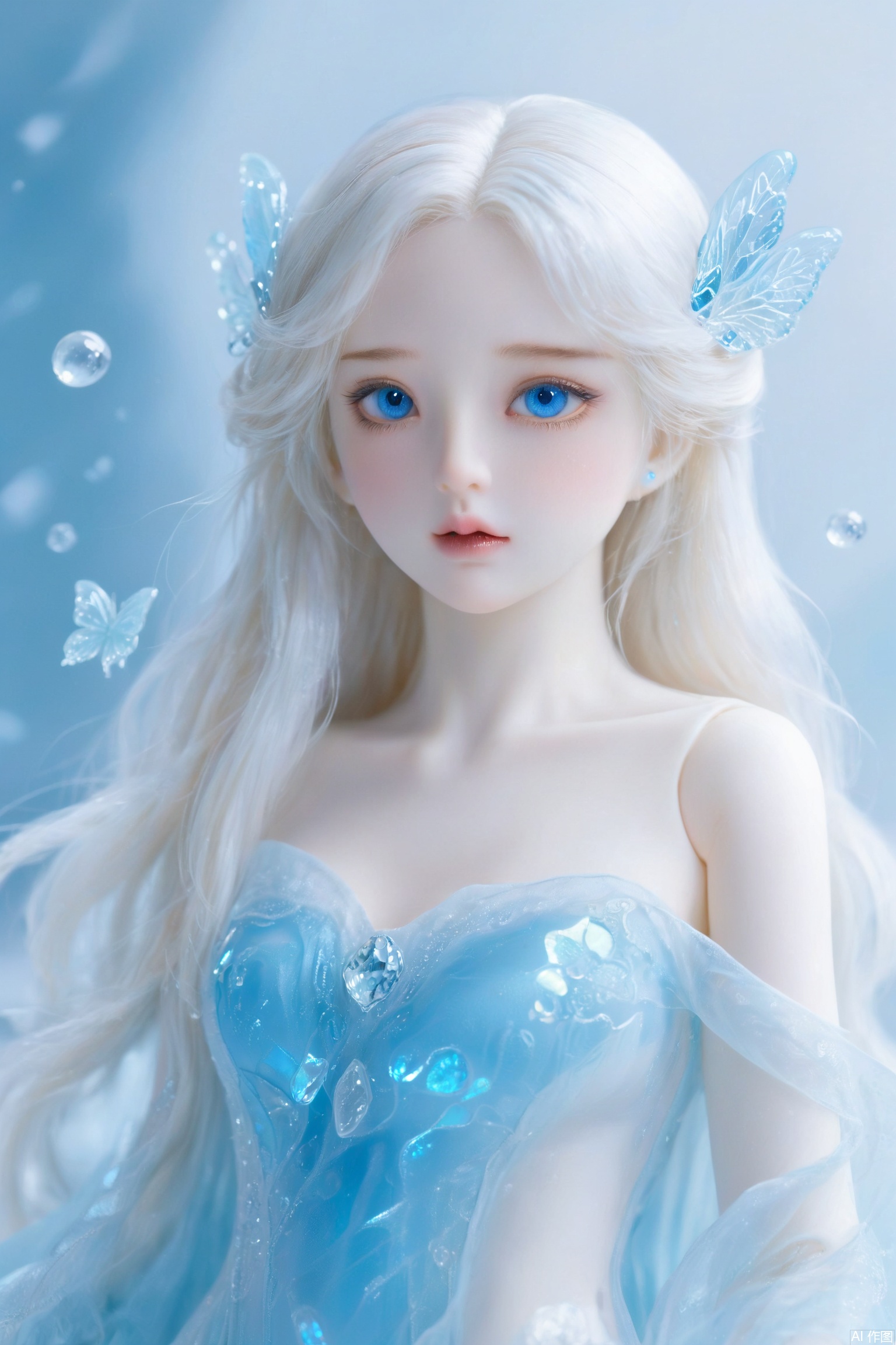 full body,standing,Frost Goddess,Frozen fluid,Ice World,ice,1girl,Translucent clothing,air bubble,blue butterfly,blue eyes,blue nails,breasts,Positive, character on the right, upper body, above knee level,Dynamic pose,bubble,Blue butterfly wings,butterfly wings,crystal,dress,glowing butterfly,long hair,looking at viewer,medium breasts,parted lips,solo,water,bjd