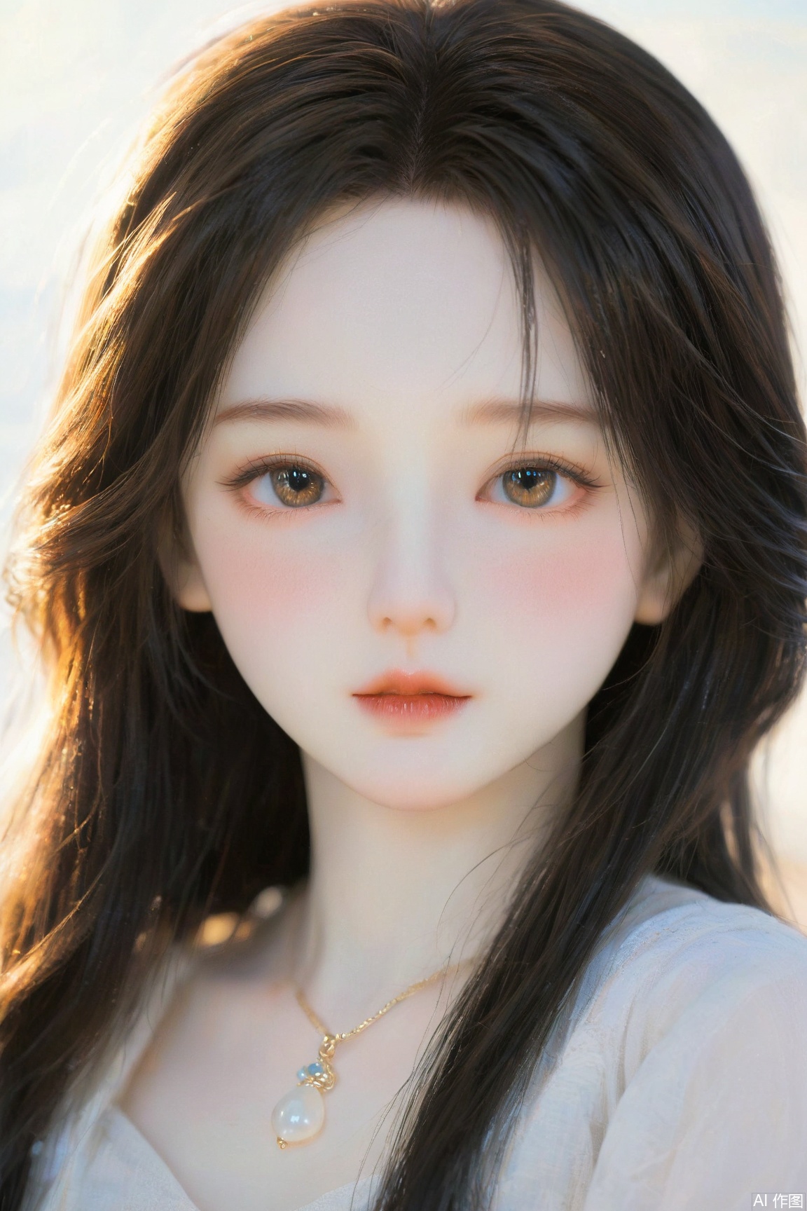  This portrait, titled "Sunlit Psalm," captures a young woman seated alone in a warm embrace of gentle sunlight, exuding an atmosphere of serene tranquility throughout the canvas. At its heart, the maiden poses gracefully, her countenance serenely composed, as if tenderly caressed by time, frozen in an eternal moment. Her face, delicate as porcelain, boasts softly defined features that bespeak an understated elegance and resilient spirit. Her bright eyes resemble lucid lakes, shimmering with wisdom's radiance and an animated spark, while the faint yet confident smile at the corners of her lips whispers wordlessly of inner peace and steadfastness. A cascade of raven tresses falls naturally, swaying gently with the breeze, like an unwritten poem imbuing the scene with a subtle dynamism.

Light assumes a,bjd