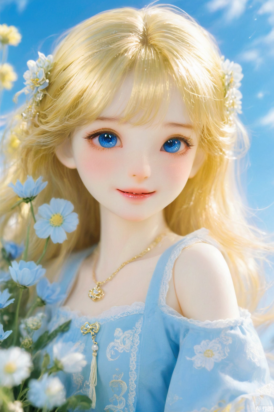  score_9, score_8_up, score_7_up, score_6_up, score_5_up, score_4_up,A sea of flowers,A girl looked back,With a smile on his face,The blue sky,Golden Sunshine.,bjd