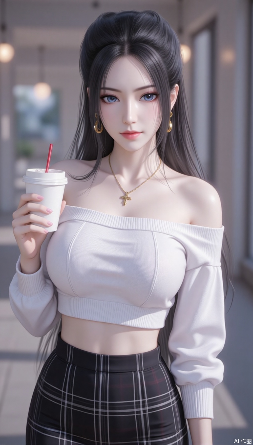 baoshi,lvjing,yanlingji,black hair,long hair,blue eyes,solo,jewelry,earrings,large breasts,turtleneck,
1girl,solo,skirt,off shoulder,off-shoulder sweater,jewelry,white sweater,necklace,cup,bare shoulders,holding,sweater,disposable cup,breasts,black skirt,plaid skirt,collarbone,plaid,blurry background,crop top,holding cup,blurry,midriff,long sleeves,large breasts,63, cover,simple background,gradient background,close-up details,outstanding style,adding a touch of dimension to your images without compromising details,close-up
