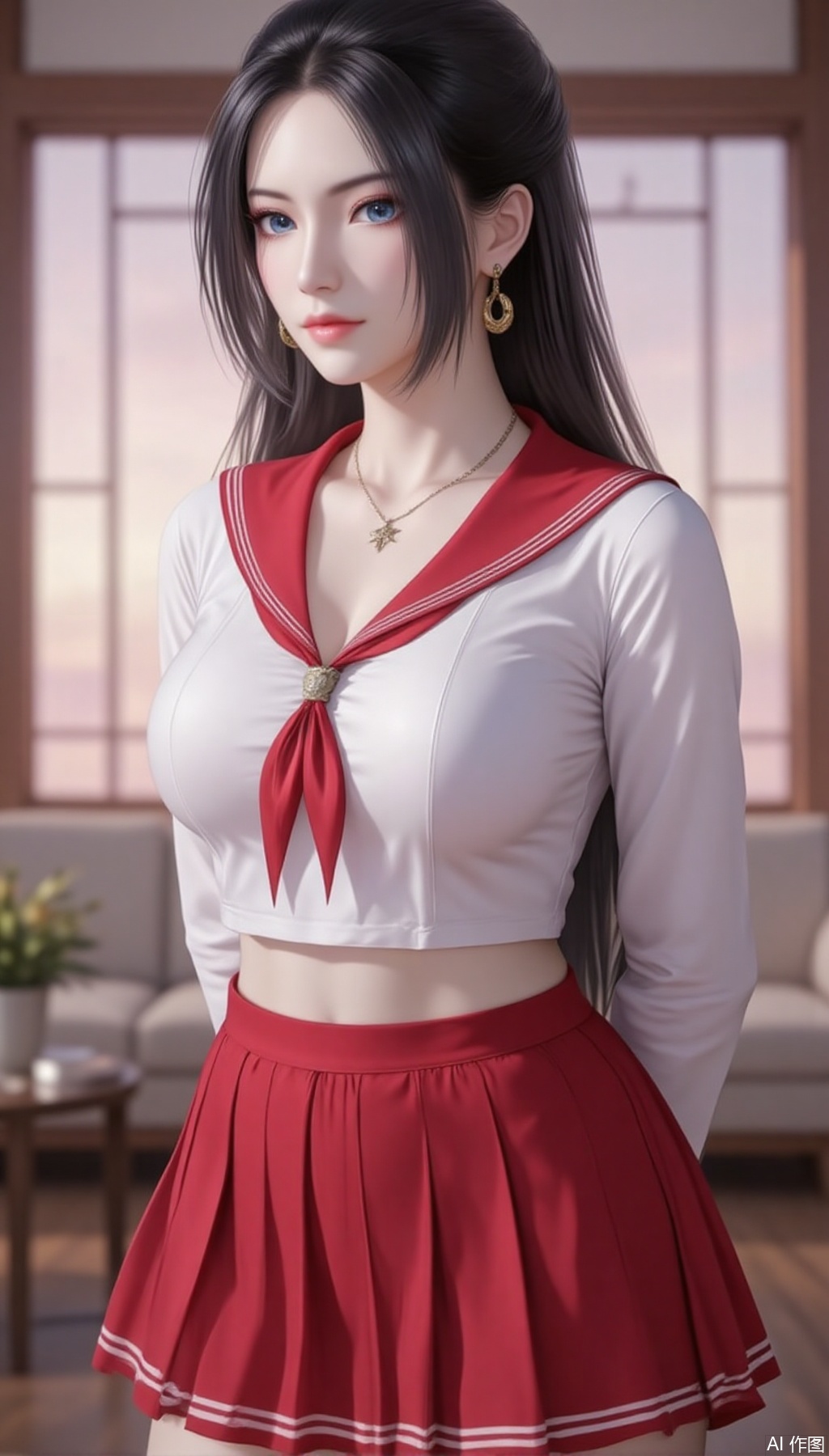 baoshi,lvjing,yanlingji,black hair,long hair,blue eyes,solo,jewelry,earrings,large breasts,turtleneck,
1girl,skirt,solo,breasts,red skirt,school uniform,pleated skirt,serafuku,necklace,jewelry,crop top,neckerchief,blurry background,shirt,sailor collar,collarbone,large breasts,blurry,midriff,white shirt,arms behind back,red sailor collar,cleavage,long sleeves,indoors,red neckerchief,standing,star \(symbol\),miniskirt,34, cover,simple background,gradient background,close-up details,outstanding style,adding a touch of dimension to your images without compromising details,close-up,