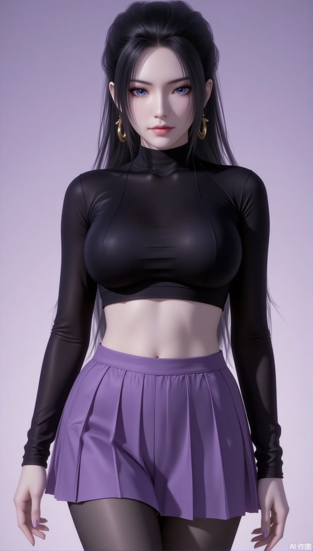 baoshi,lvjing,yanlingji,black hair,long hair,blue eyes,solo,jewelry,earrings,large breasts,turtleneck,
 1girl,breasts,skirt,solo,pantyhose,large breasts,purple skirt,covered navel,long sleeves,taut clothes,miniskirt,pleated skirt,turtleneck,black shirt,shirt,black pantyhose,taut shirt,64, cover,simple background,gradient background,close-up details,outstanding style,adding a touch of dimension to your images without compromising details,close-up,