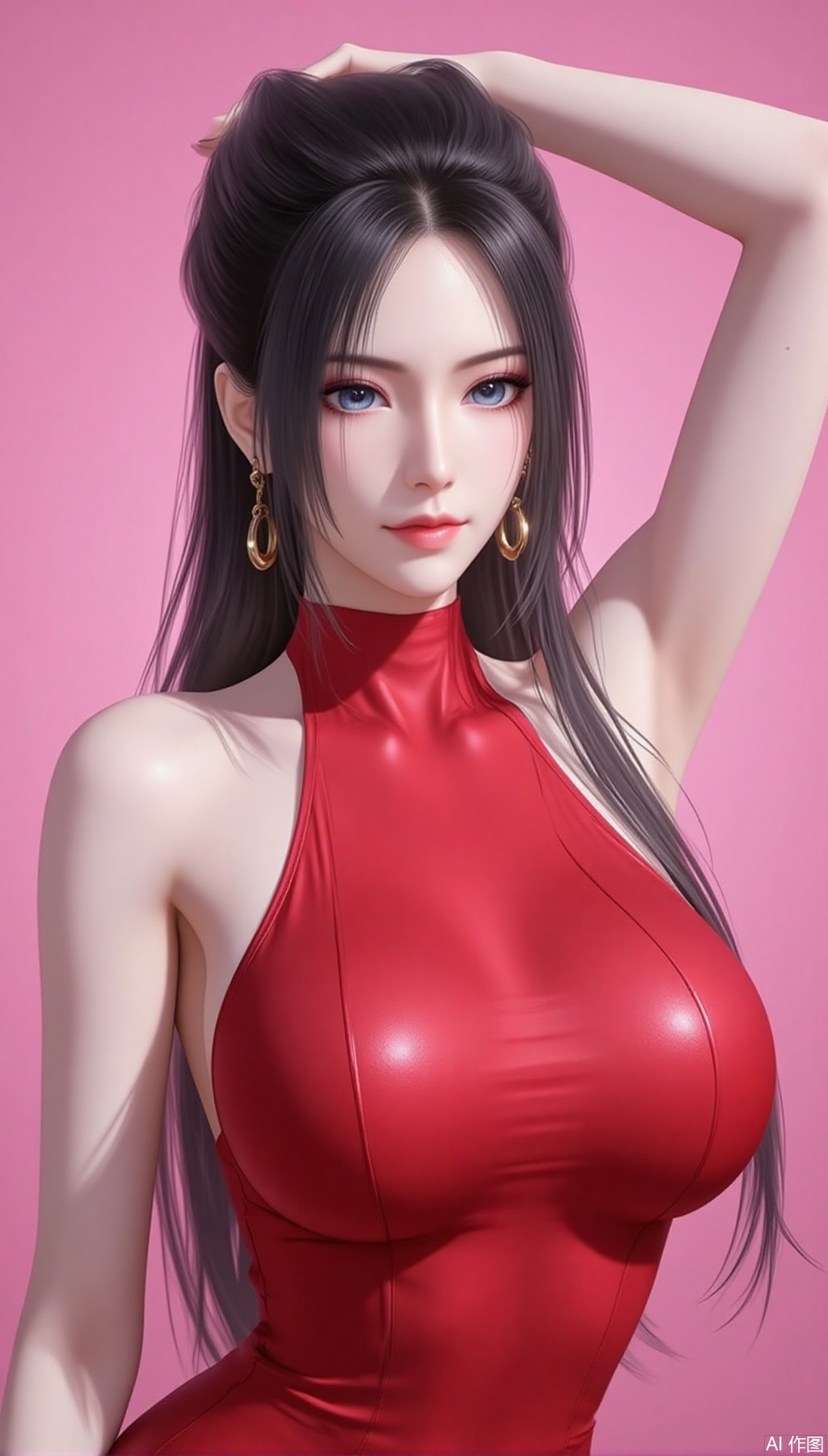 baoshi,lvjing,yanlingji,black hair,long hair,blue eyes,solo,jewelry,earrings,large breasts,turtleneck, 1girl,breasts,dress,solo,large breasts,red dress,tattoo,sideboob,sleeveless,shiny clothes,bare shoulders,tight dress,arm up,collarbone,sleeveless dress,taut clothes,taut dress,impossible dress,arm behind back,pink background,3,cover,simple background,gradient background,close-up details,outstanding style,adding a touch of dimension to your images without compromising details,close-up,

