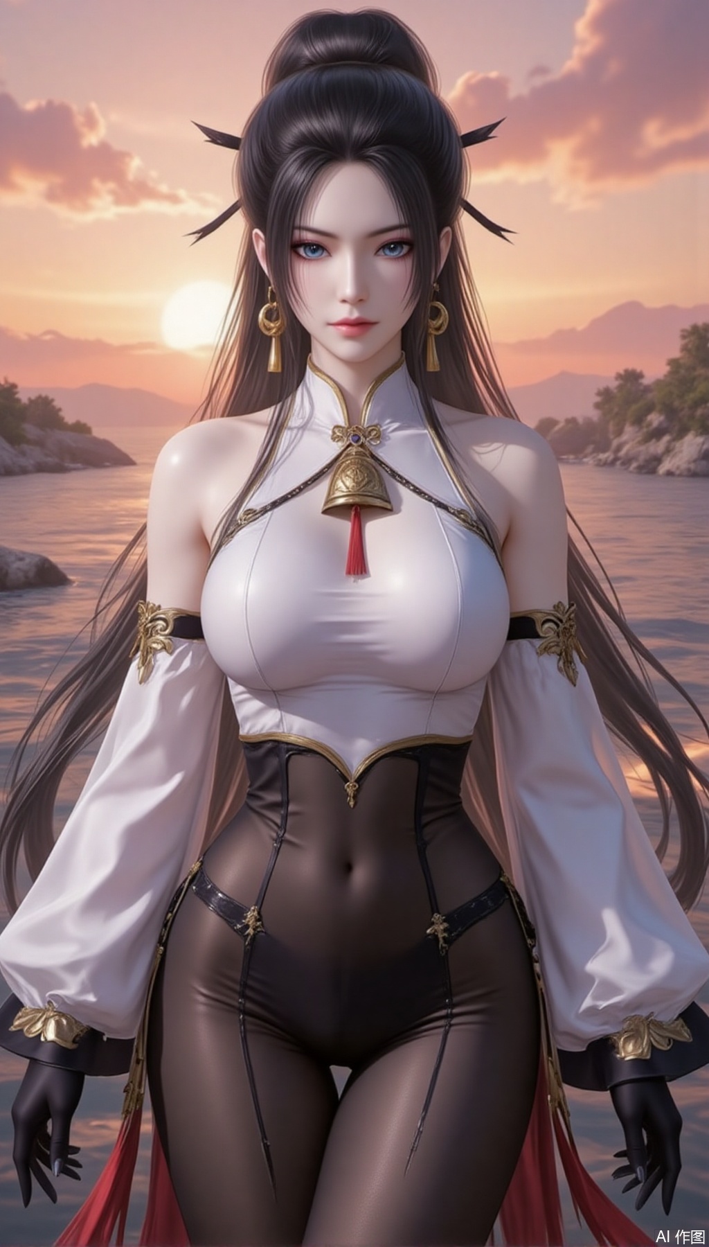 baoshi,lvjing,yanlingji,black hair,long hair,blue eyes,solo,jewelry,earrings,large breasts,turtleneck,
1girl,breasts,solo,bare shoulders,bell,orb,gloves,detached sleeves,large breasts,bodystocking,black gloves,neck bell,water,gold trim,sunset,sky,orange sky,ocean,pantyhose,cowbell,white sleeves,tassel,sun,long sleeves,56,