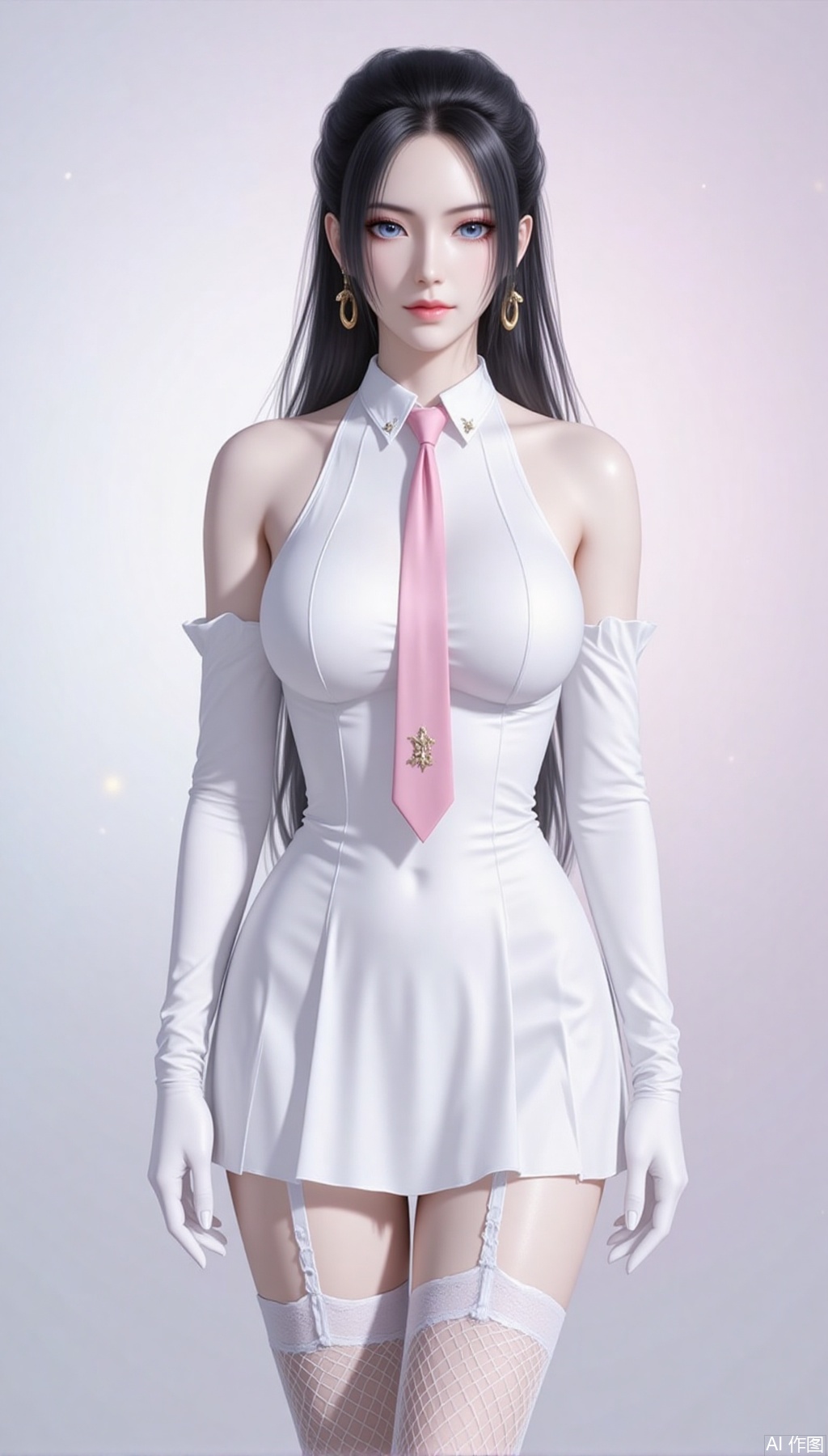 baoshi,lvjing,yanlingji,black hair,long hair,blue eyes,solo,jewelry,earrings,large breasts,turtleneck,
1girl,solo,gloves,thighhighs,necktie,dress,white gloves,breasts,white dress,sleeveless,garter straps,fishnet thighhighs,pink necktie,sleeveless dress,short dress,fishnets,bare shoulders,large breasts,white thighhighs,collared dress,zettai ryouiki,standing,arms at sides,gradient background,simple background,pleated dress,21,