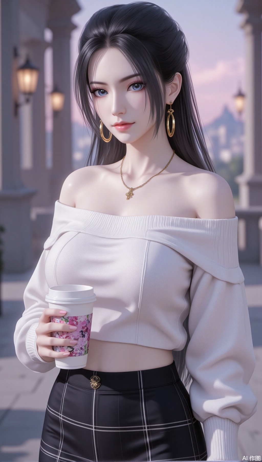 baoshi,lvjing,yanlingji,black hair,long hair,blue eyes,solo,jewelry,earrings,large breasts,turtleneck,
1girl,solo,skirt,off shoulder,off-shoulder sweater,jewelry,white sweater,necklace,cup,bare shoulders,holding,sweater,disposable cup,breasts,black skirt,plaid skirt,collarbone,plaid,blurry background,crop top,holding cup,blurry,midriff,long sleeves,large breasts,63, cover,simple background,gradient background,close-up details,outstanding style,adding a touch of dimension to your images without compromising details,close-up