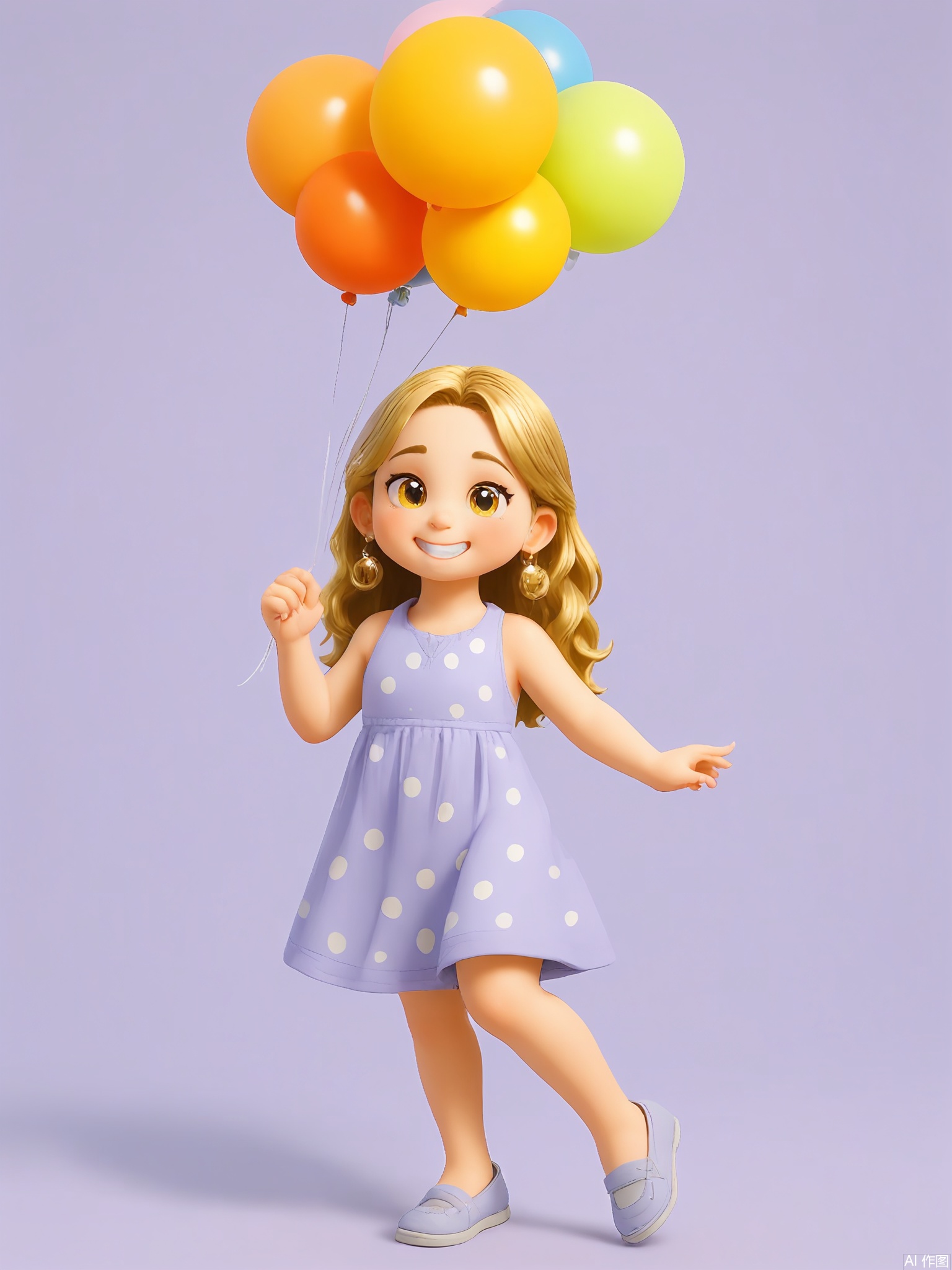 KTXX, 3D CGI illustration of a young girl with long, golden curls cascading down her shoulders, wearing a lavender sundress with white polka dots. She has a mischievous grin and is clutching a bright yellow balloon in her right hand. The background is a soft, baby blue color. The girl is standing with one foot slightly forward and is looking up at the balloon, her eyes sparkling with delight. The style is reminiscent of modern, digital children's illustrations.
