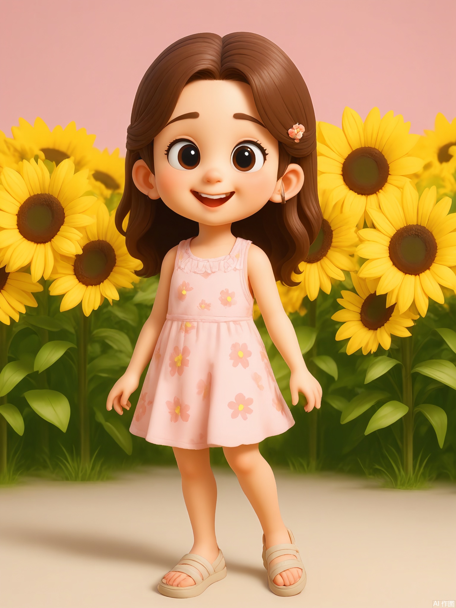 KTXX, 3D CGI illustration of a young girl with long, chestnut-brown hair in loose waves, wearing a pale pink sundress with a floral pattern. She has a cheerful smile and is holding a bunch of sunflowers in her right hand. The background is a soft, buttery yellow color. The girl is standing with her head slightly tilted, looking directly at the viewer. The style is reminiscent of modern, digital children's illustrations.
