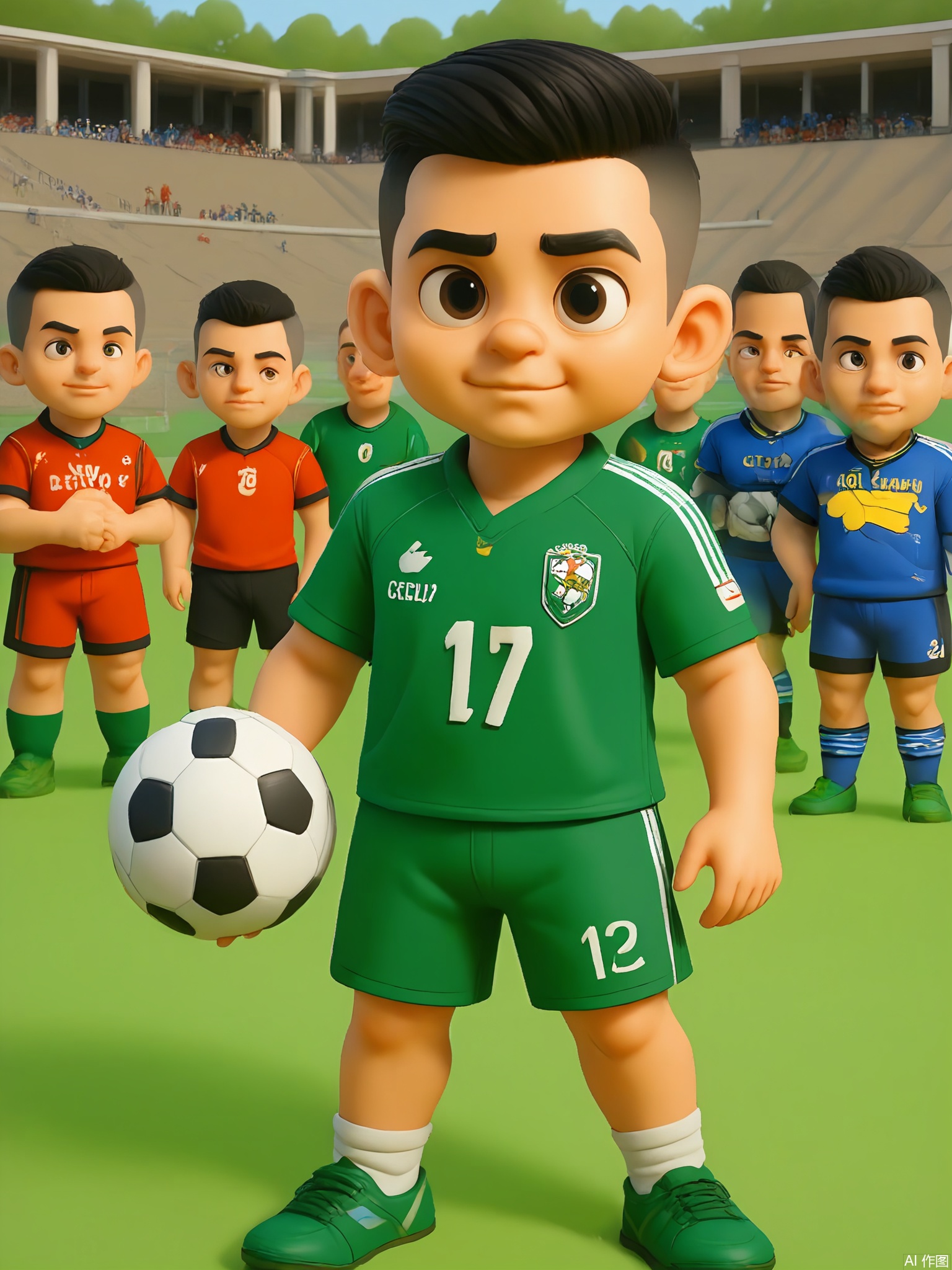 KTXX, 3D CGI illustration of a boy with a crew cut, wearing a soccer jersey and shorts. He has a determined look and is holding a soccer ball, about to take a shot. The background is a bright, kelly green color. The boy is standing on a soccer field, surrounded by teammates. The style is reminiscent of modern, digital children's illustrations.
