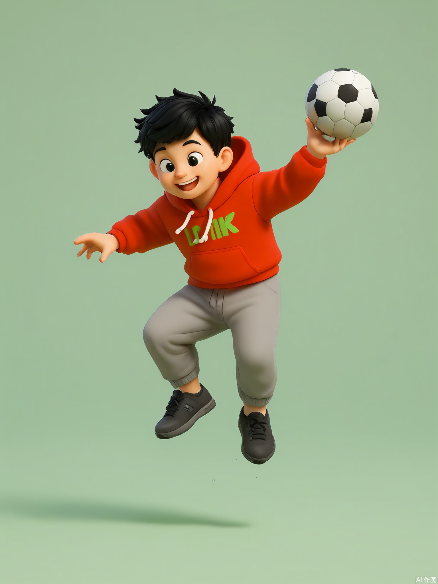 KTXX, 3D CGI illustration of a young boy with spiky black hair, wearing a red hoodie and gray sweatpants. He has a playful smile and is holding a soccer ball in his right hand. The background is a lime green color. The boy is jumping in the air, as if about to kick the ball. The style is reminiscent of modern, digital children's illustrations.

