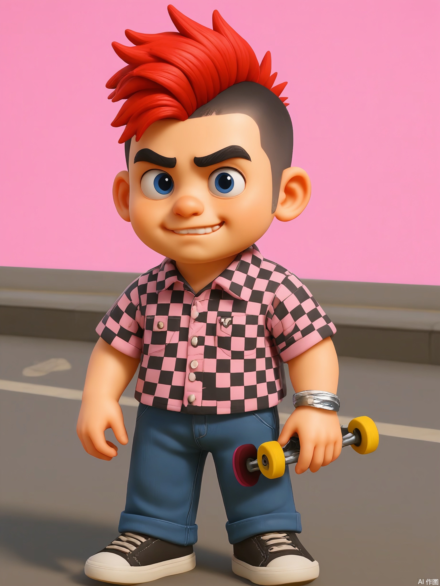 KTXX, 3D CGI illustration of a boy with a messy mohawk, wearing a bright red and black checkered shirt and blue jeans. He has a rebellious smirk and is holding a skateboard under his arm. The background is a neon pink color. The boy is standing on the sidewalk, ready to ride off. The style is reminiscent of modern, digital children's illustrations.
