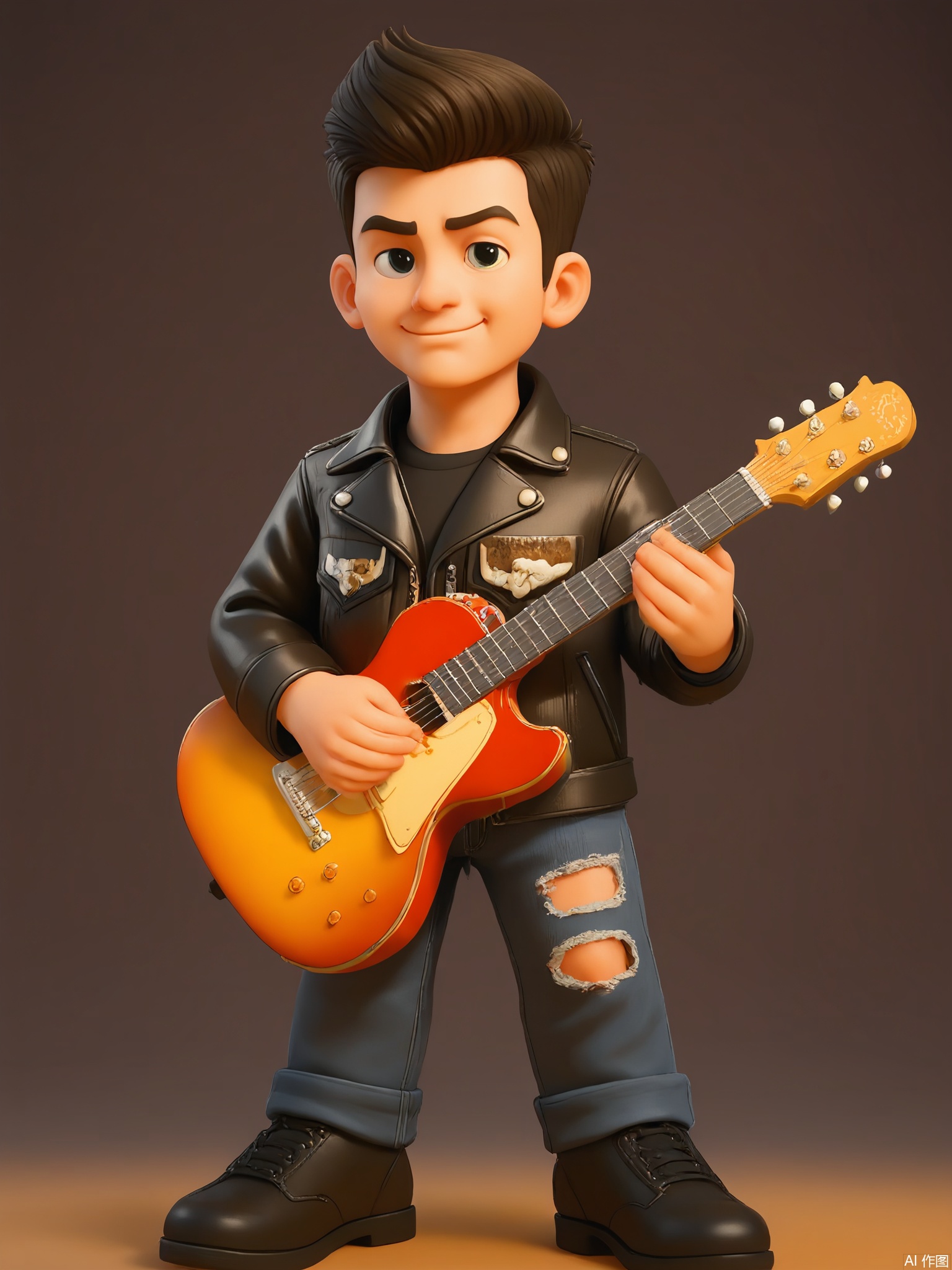 KTXX, 3D CGI illustration of a boy with a quiff hairstyle, wearing a black leather jacket and ripped jeans. He has a confident smirk and is holding a guitar, strumming a chord. The background is a deep, burgundy color. The boy is standing on a stage, ready to perform. The style is reminiscent of modern, digital children's illustrations.
