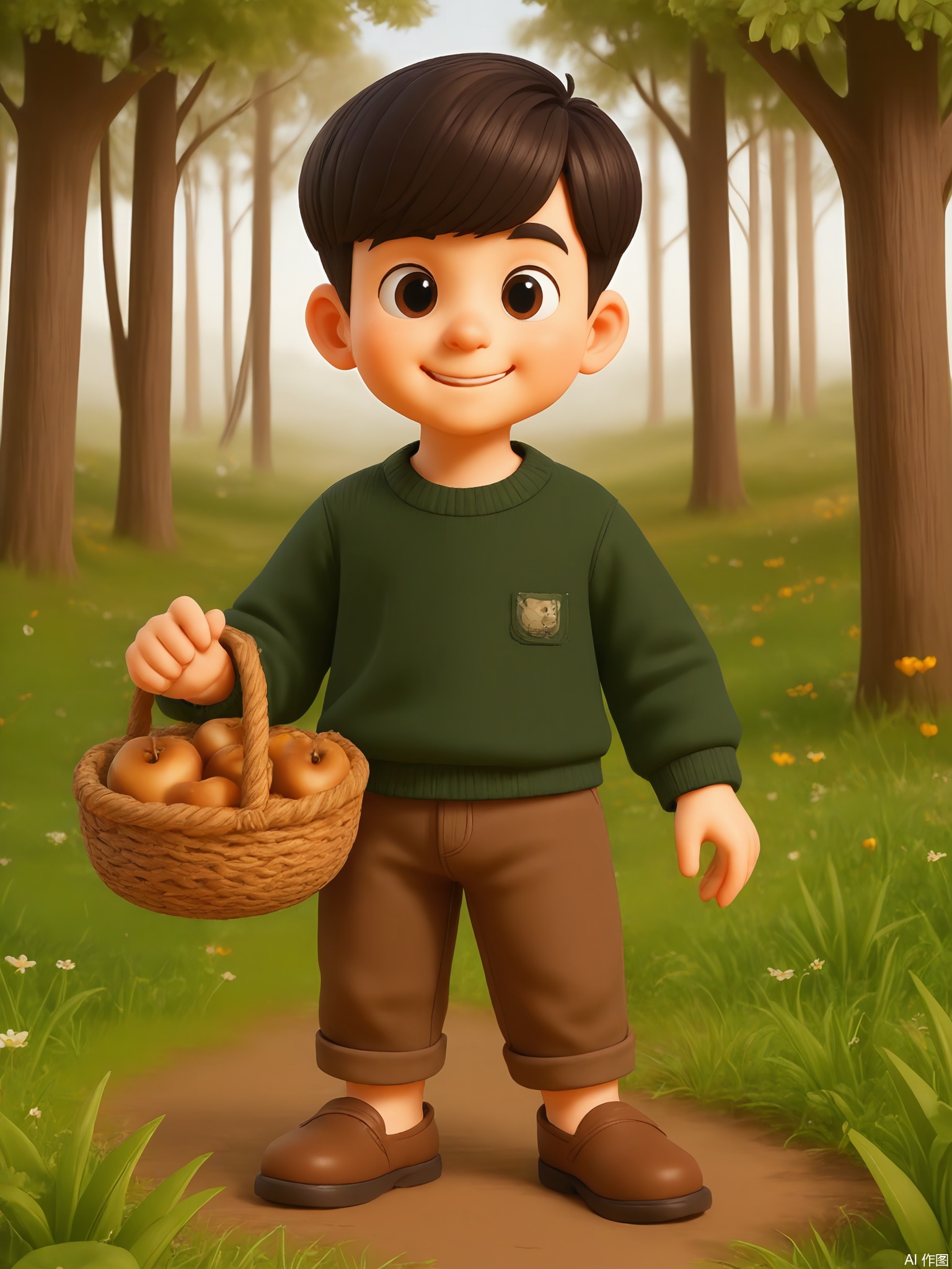 KTXX, 3D CGI illustration of a young boy with a bowl cut, wearing a forest green sweater and brown corduroy pants. He has a gentle smile and is holding a basket of freshly picked apples. The background is a rich, earthy brown color. The boy is standing in an orchard, looking proudly at his harvest. The style is reminiscent of modern, digital children's illustrations.
