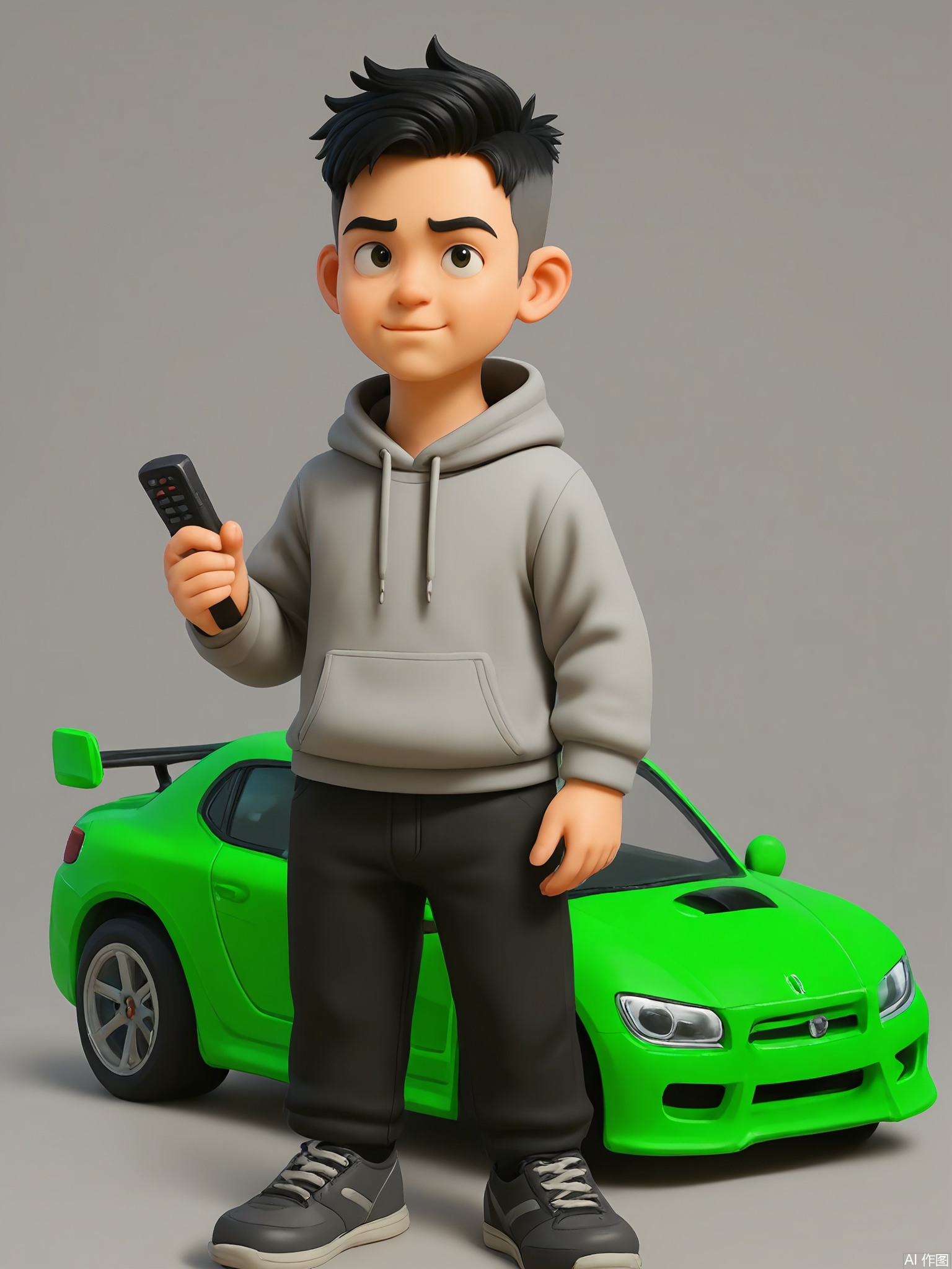 KTXX, 3D CGI illustration of a boy with a swept-back hairstyle, wearing a gray hoodie and black joggers. He has a focused expression and is holding a remote-controlled car, revving the engine. The background is a bright, neon green color. The boy is standing on a smooth surface, ready to race the car. The style is reminiscent of modern, digital children's illustrations.
