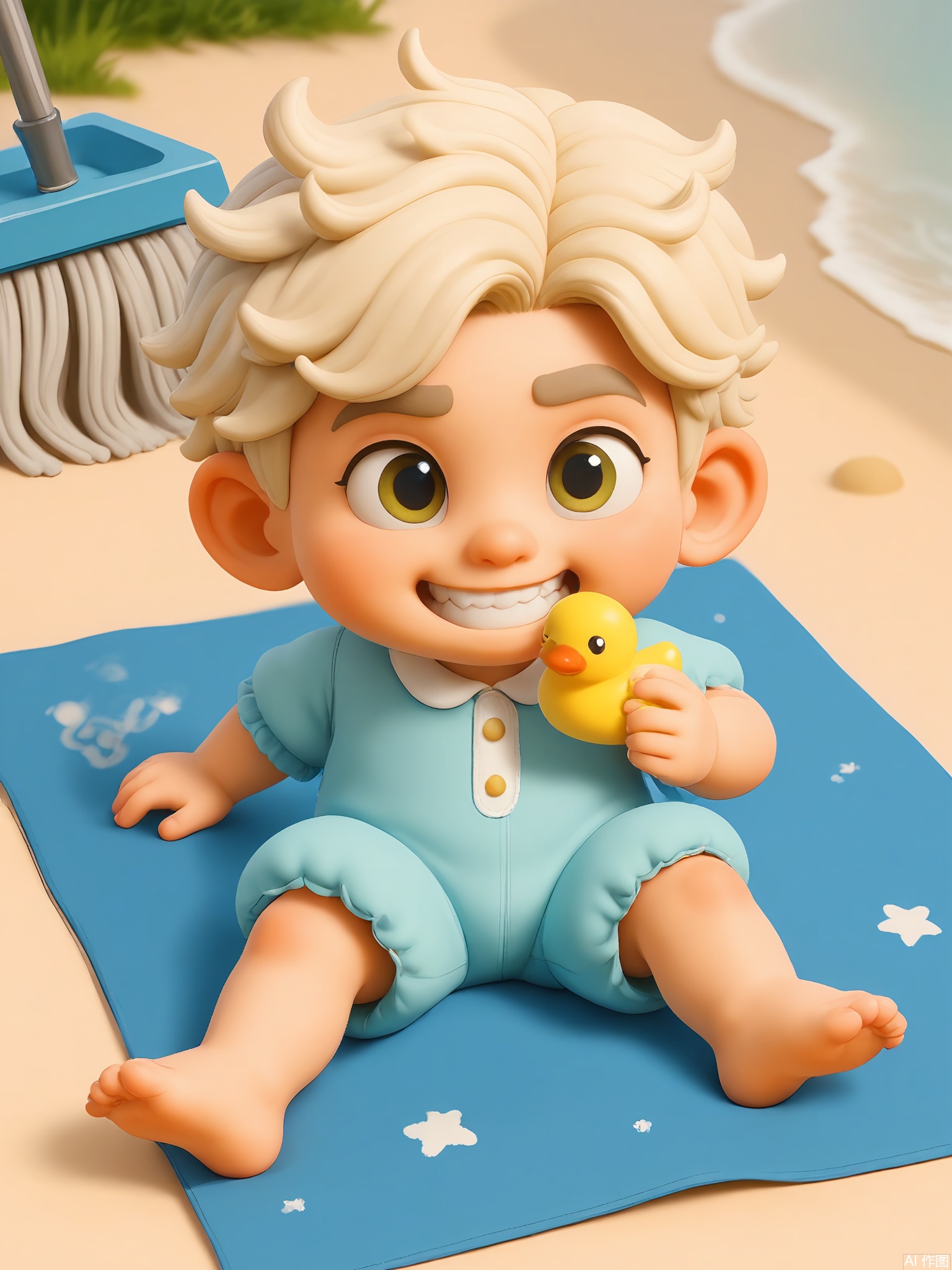 KTXX, 3D CGI illustration of a toddler boy with a mop of curly blond hair, dressed in a bright blue romper with white sailboat appliqués. He has a toothless grin and is clutching a rubber ducky in his left hand. The background is a calming seafoam green. The toddler is sitting on a beach towel, kicking his legs in delight. The style is reminiscent of modern, digital children's illustrations.
