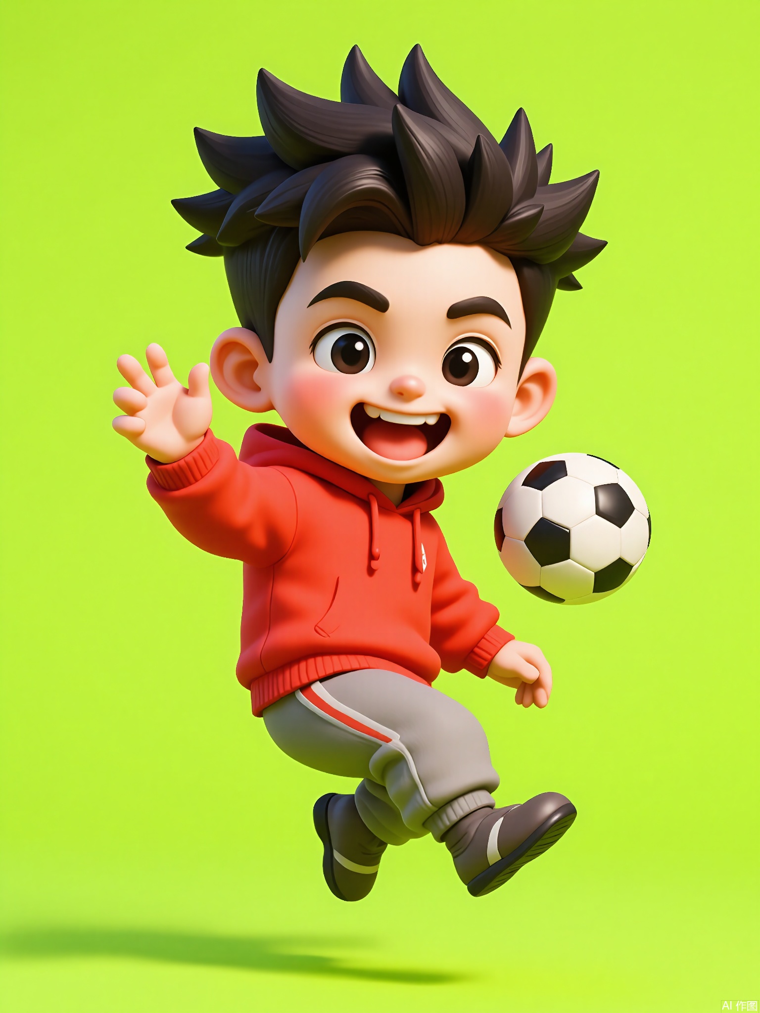 KTXX, 3D CGI illustration of a young boy with spiky black hair, wearing a red hoodie and gray sweatpants. He has a playful smile and is holding a soccer ball in his right hand. The background is a lime green color. The boy is jumping in the air, as if about to kick the ball. The style is reminiscent of modern, digital children's illustrations.
