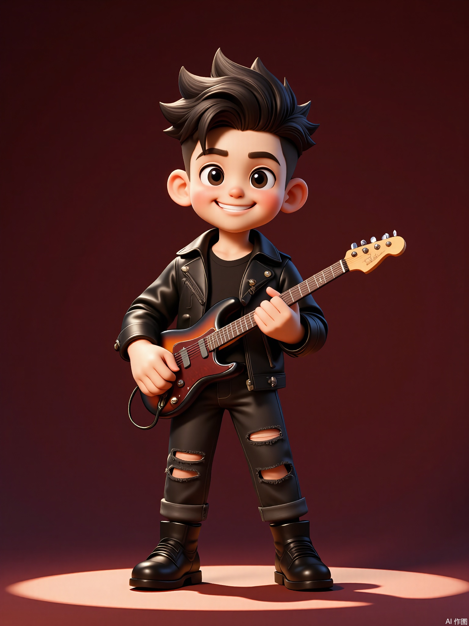 KTXX, 3D CGI illustration of a boy with a quiff hairstyle, wearing a black leather jacket and ripped jeans. He has a confident smirk and is holding a guitar, strumming a chord. The background is a deep, burgundy color. The boy is standing on a stage, ready to perform. The style is reminiscent of modern, digital children's illustrations.

