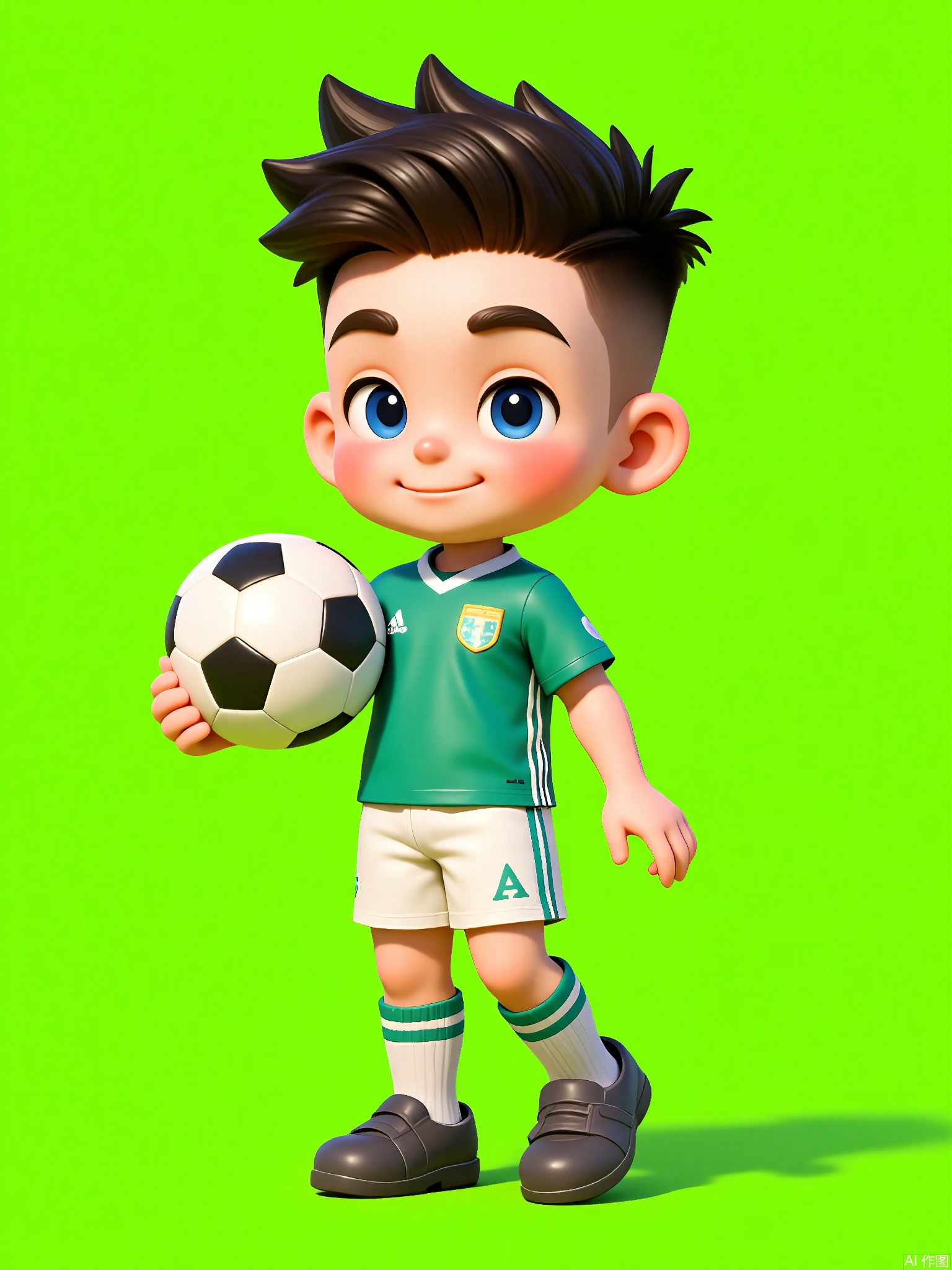 KTXX, 3D CGI illustration of a boy with a crew cut, wearing a soccer jersey and shorts. He has a determined look and is holding a soccer ball, about to take a shot. The background is a bright, kelly green color. The boy is standing on a soccer field, surrounded by teammates. The style is reminiscent of modern, digital children's illustrations.
