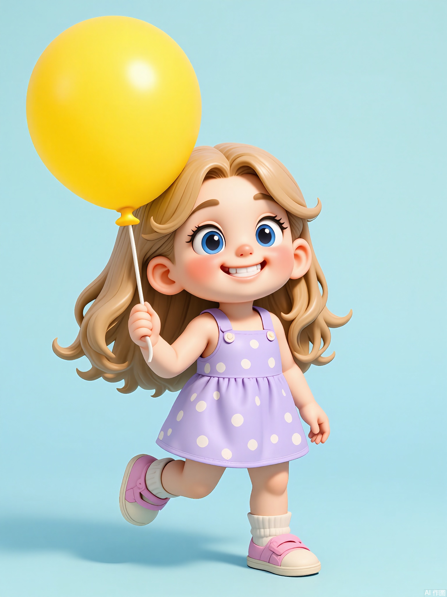 KTXX, 3D CGI illustration of a young girl with long, golden curls cascading down her shoulders, wearing a lavender sundress with white polka dots. She has a mischievous grin and is clutching a bright yellow balloon in her right hand. The background is a soft, baby blue color. The girl is standing with one foot slightly forward and is looking up at the balloon, her eyes sparkling with delight. The style is reminiscent of modern, digital children's illustrations.
