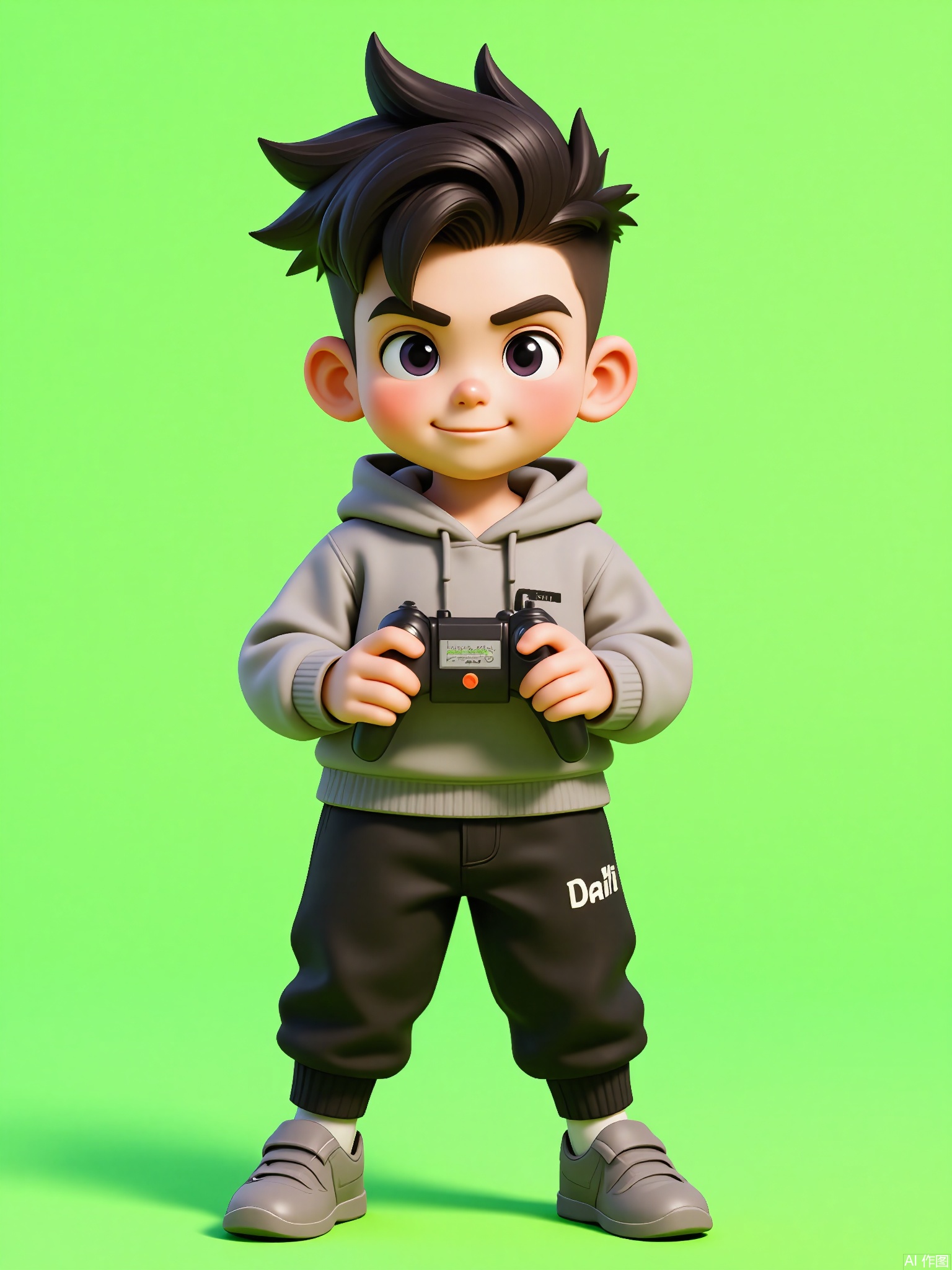 KTXX, 3D CGI illustration of a boy with a swept-back hairstyle, wearing a gray hoodie and black joggers. He has a focused expression and is holding a remote-controlled car, revving the engine. The background is a bright, neon green color. The boy is standing on a smooth surface, ready to race the car. The style is reminiscent of modern, digital children's illustrations.
