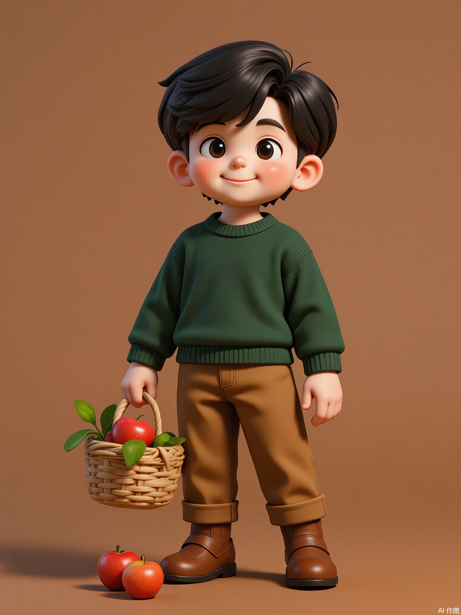 KTXX, 3D CGI illustration of a young boy with a bowl cut, wearing a forest green sweater and brown corduroy pants. He has a gentle smile and is holding a basket of freshly picked apples. The background is a rich, earthy brown color. The boy is standing in an orchard, looking proudly at his harvest. The style is reminiscent of modern, digital children's illustrations.
