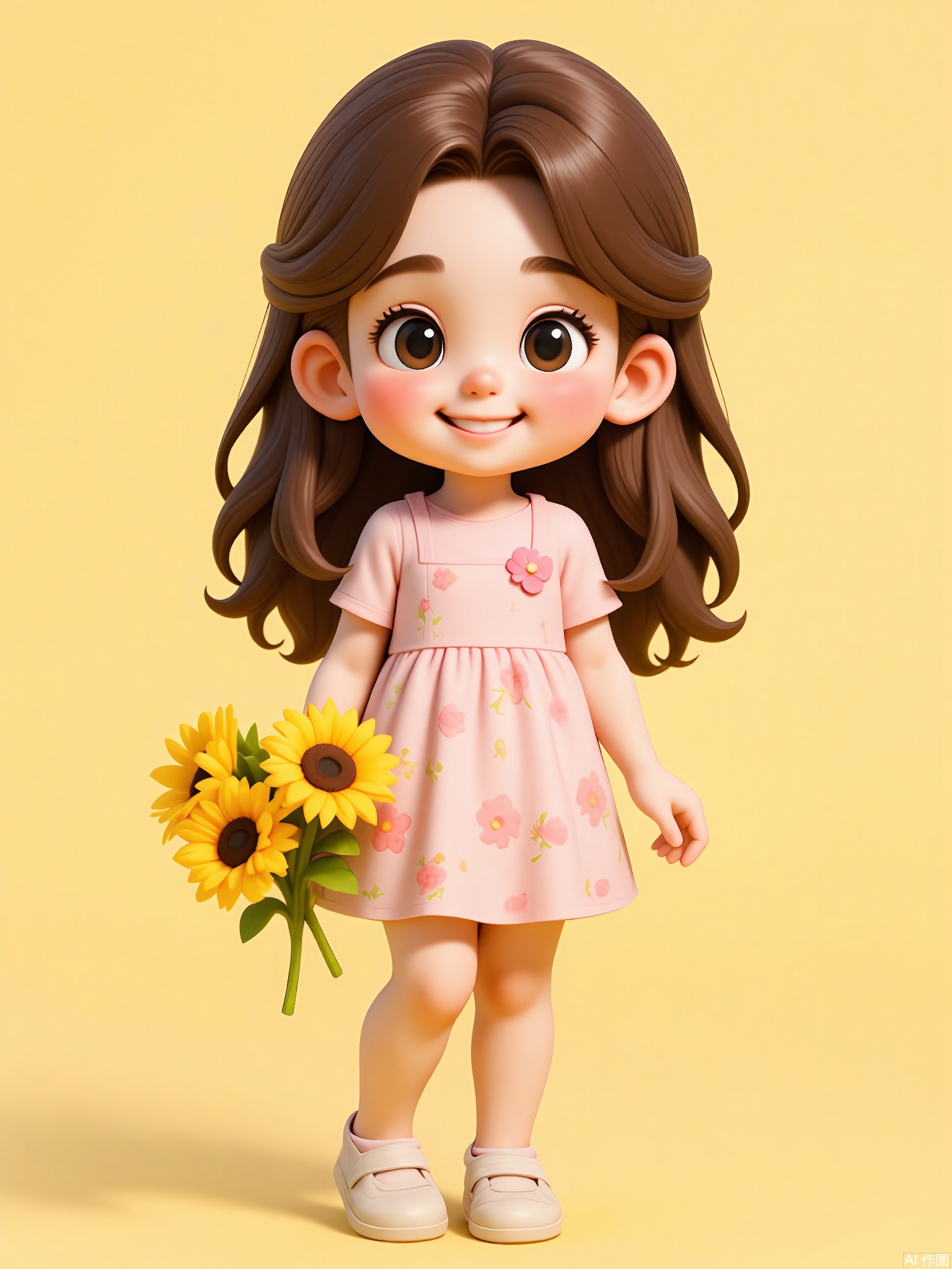 KTXX, 3D CGI illustration of a young girl with long, chestnut-brown hair in loose waves, wearing a pale pink sundress with a floral pattern. She has a cheerful smile and is holding a bunch of sunflowers in her right hand. The background is a soft, buttery yellow color. The girl is standing with her head slightly tilted, looking directly at the viewer. The style is reminiscent of modern, digital children's illustrations.
