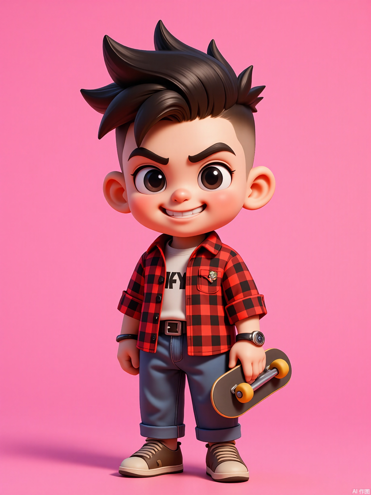 KTXX, 3D CGI illustration of a boy with a messy mohawk, wearing a bright red and black checkered shirt and blue jeans. He has a rebellious smirk and is holding a skateboard under his arm. The background is a neon pink color. The boy is standing on the sidewalk, ready to ride off. The style is reminiscent of modern, digital children's illustrations.
