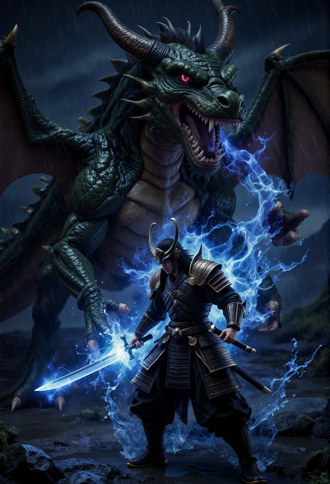 Japanese Mythology: Susanoo Slays the Dragon. Movie still action of the samurai god Susanoo battling the eight-headed drag...