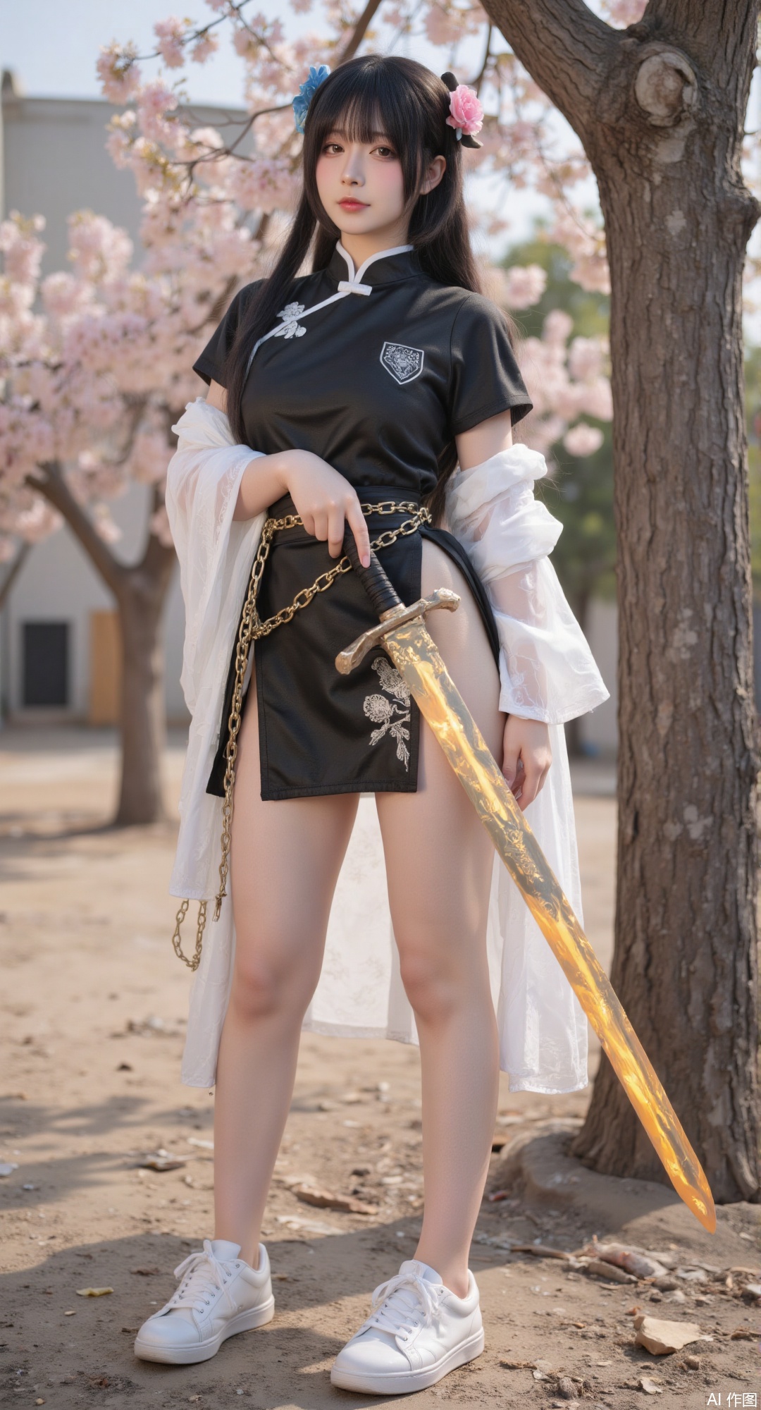 1girl, solo, long hair, skirt, black hair, hair ornament, brown eyes, jewelry, standing, full body, weapon, flower, outdoors, white sport shoes, belt, sword, hair flower, tree, glowing, chinese clothes, white footwear, realistic, glowing weapon, energy sword, glowing sword,golden legs chains