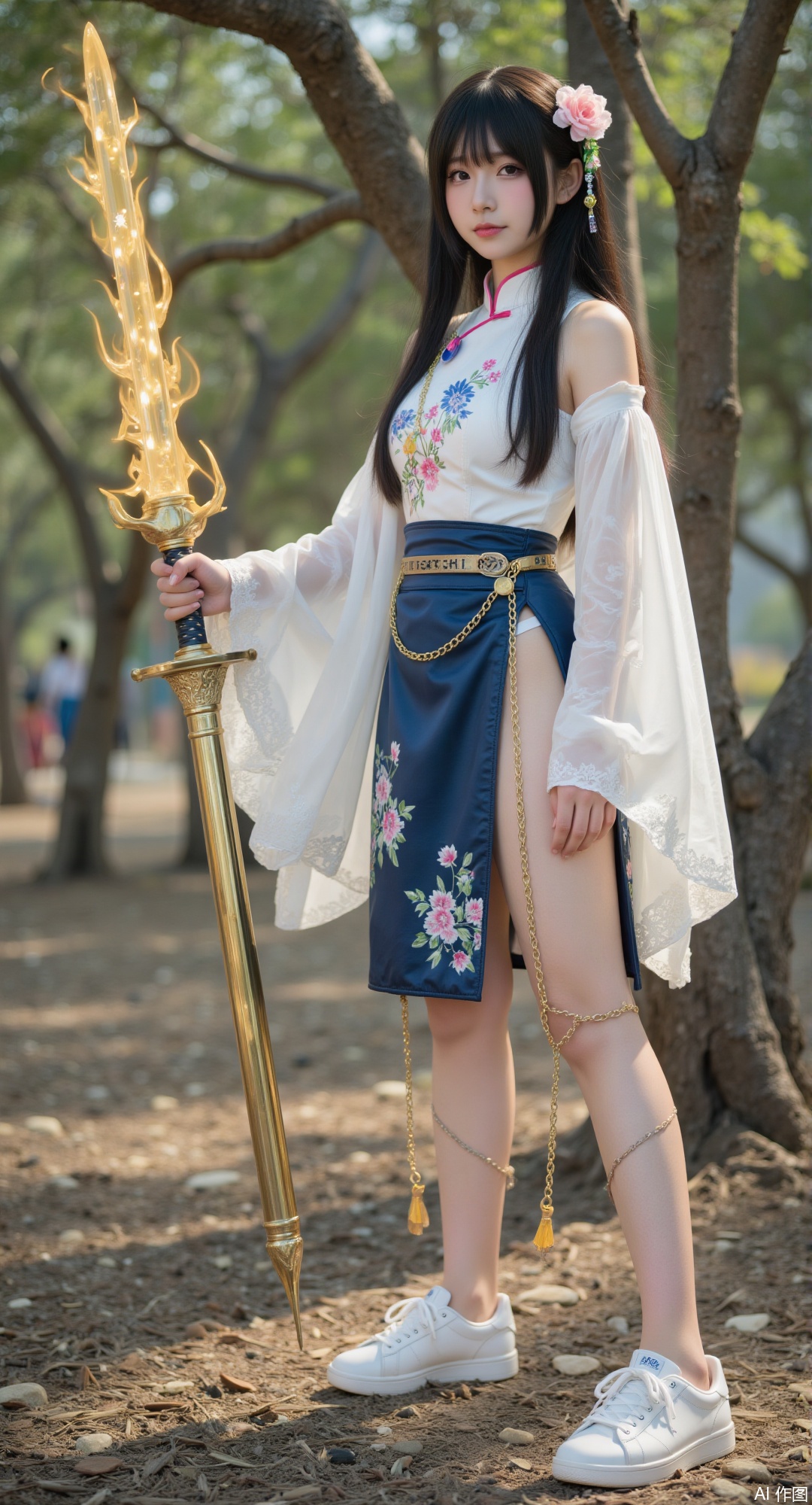 1girl, solo, long hair, skirt, black hair, hair ornament, brown eyes, jewelry, standing, full body, weapon, flower, outdoors, white sport shoes, belt, sword, hair flower, tree, glowing, chinese clothes, white footwear, realistic, glowing weapon, energy sword, glowing sword,golden legs chains