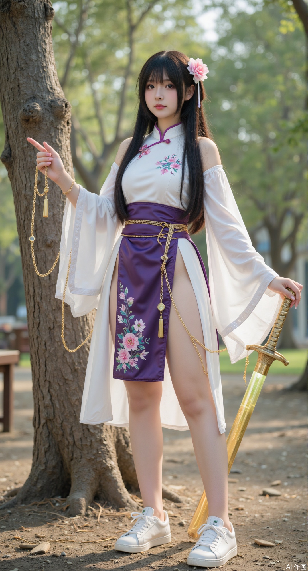 1girl, solo, long hair, skirt, black hair, hair ornament, brown eyes, jewelry, standing, full body, weapon, flower, outdoors, white sport shoes, belt, sword, hair flower, tree, glowing, chinese clothes, white footwear, realistic, glowing weapon, energy sword, glowing sword,golden legs chains