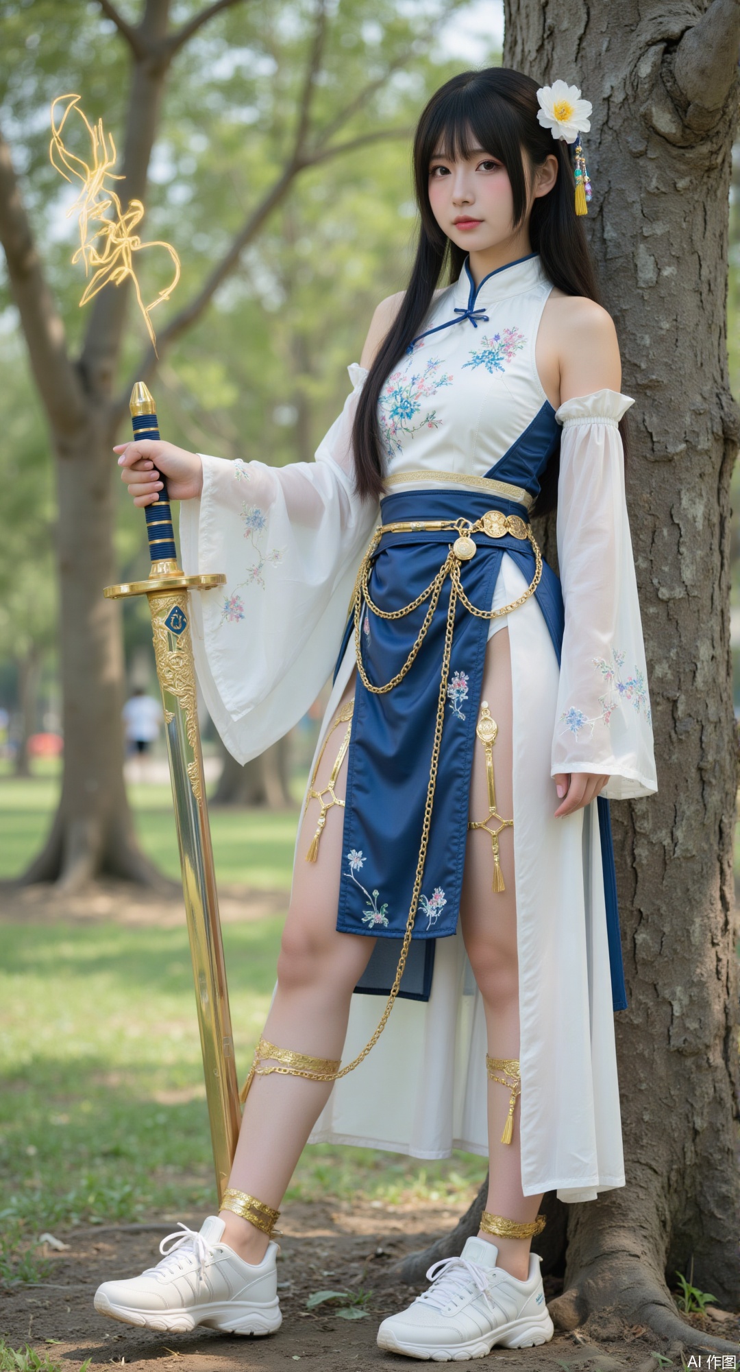 1girl, solo, long hair, skirt, black hair, hair ornament, brown eyes, jewelry, standing, full body, weapon, flower, outdoors, white sport shoes, belt, sword, hair flower, tree, glowing, chinese clothes, white footwear, realistic, glowing weapon, energy sword, glowing sword,golden legs chains